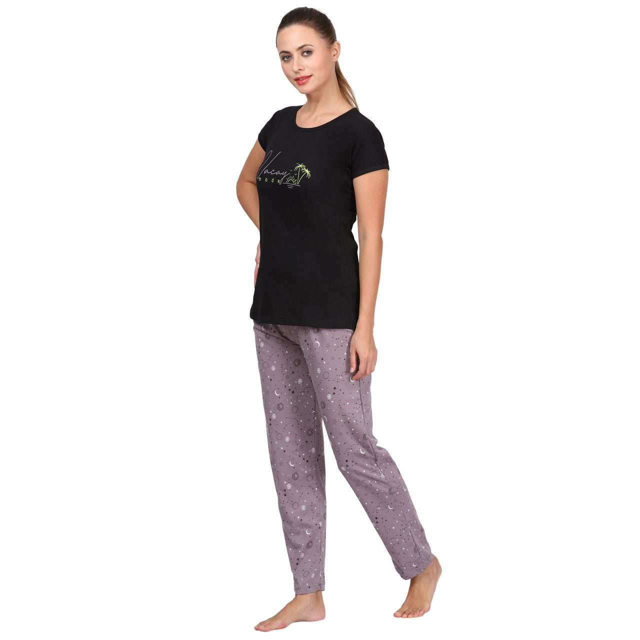 top and pajama set for women black-grey color