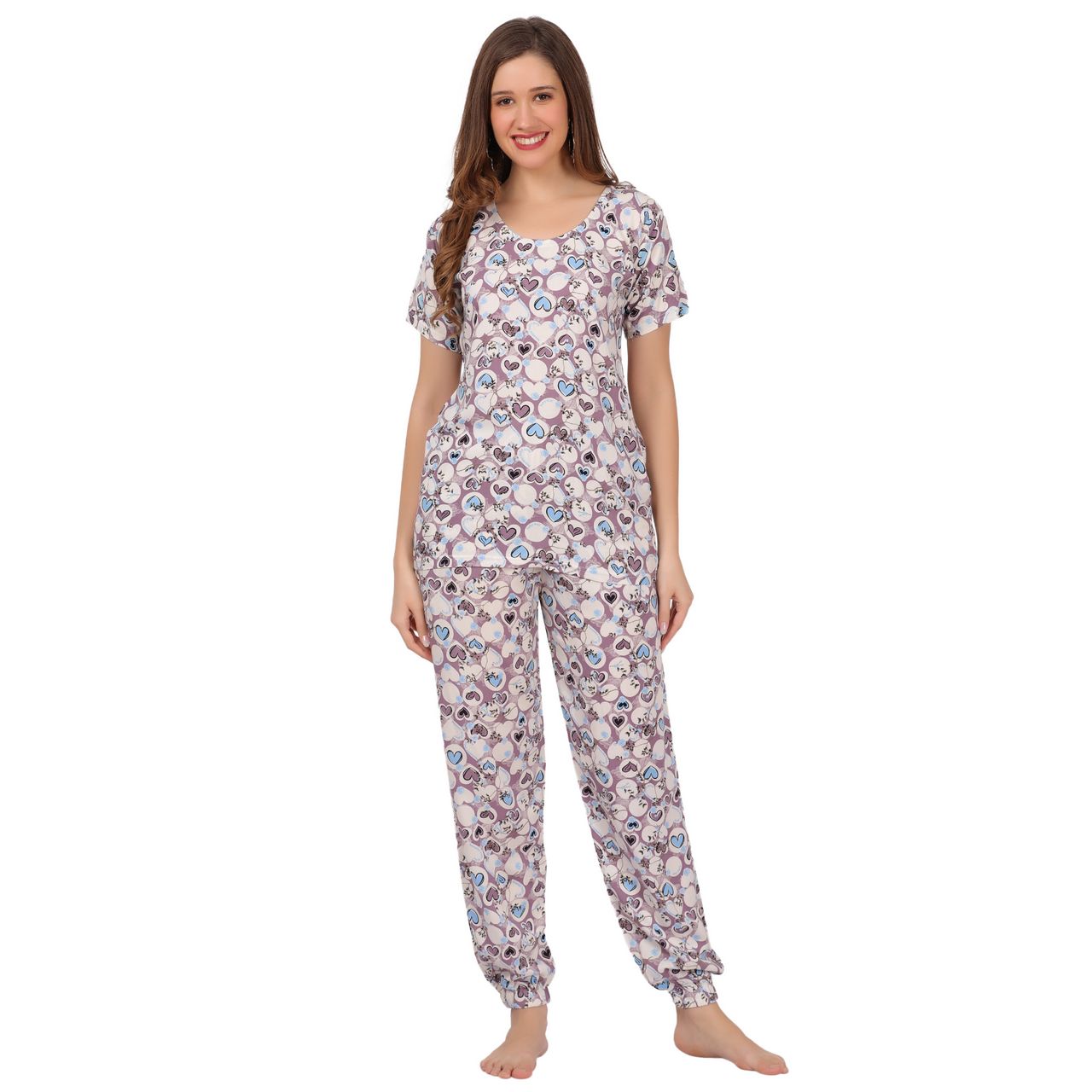 top and pajama set for women blue heart print