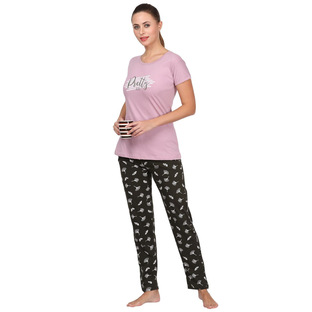 top and pajama set for women violet-dark green color