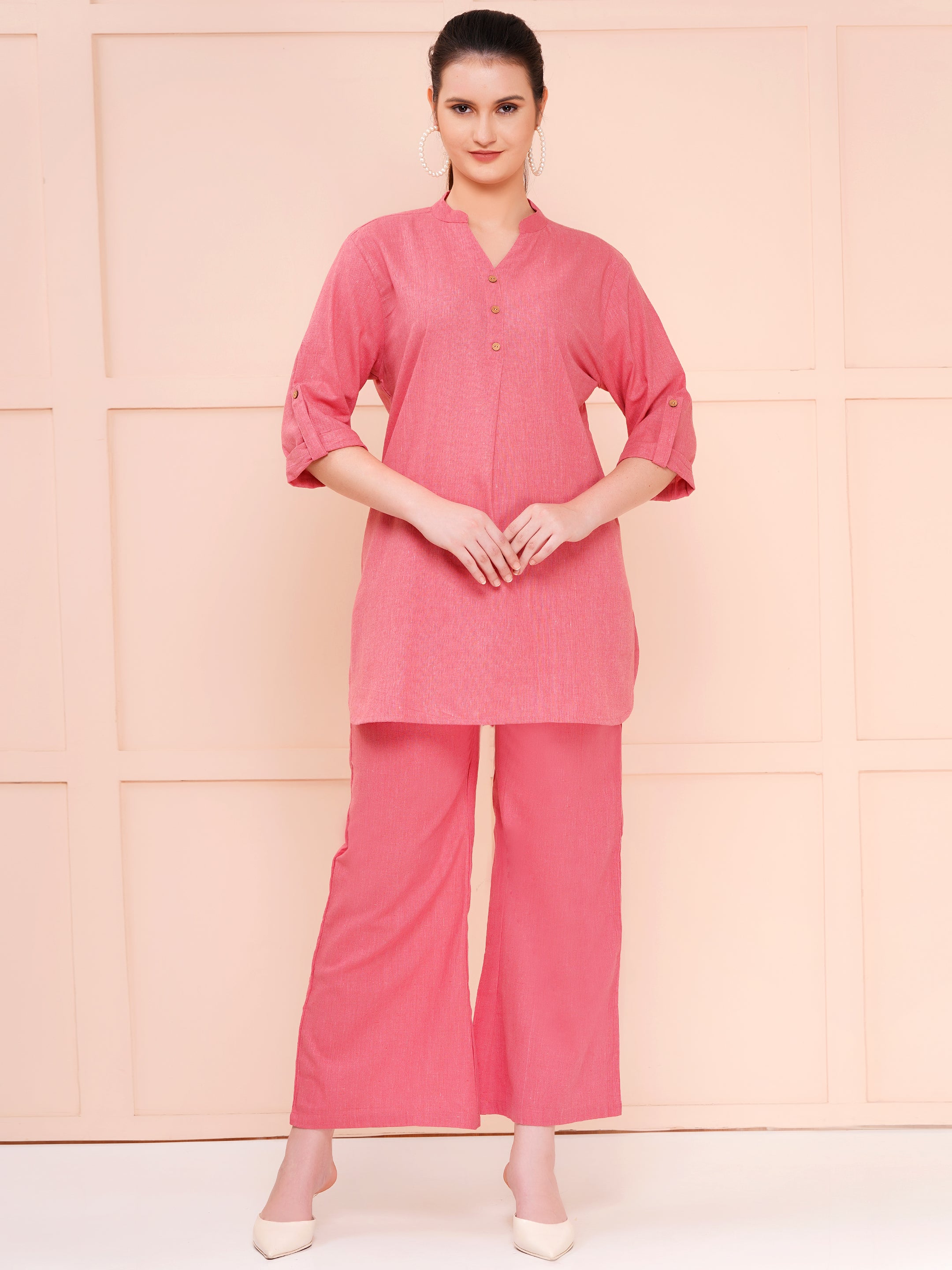 Dark Pink Mandarin Collar Cotton Flax Co-ord Set For Woman | Top with Flared Bottom