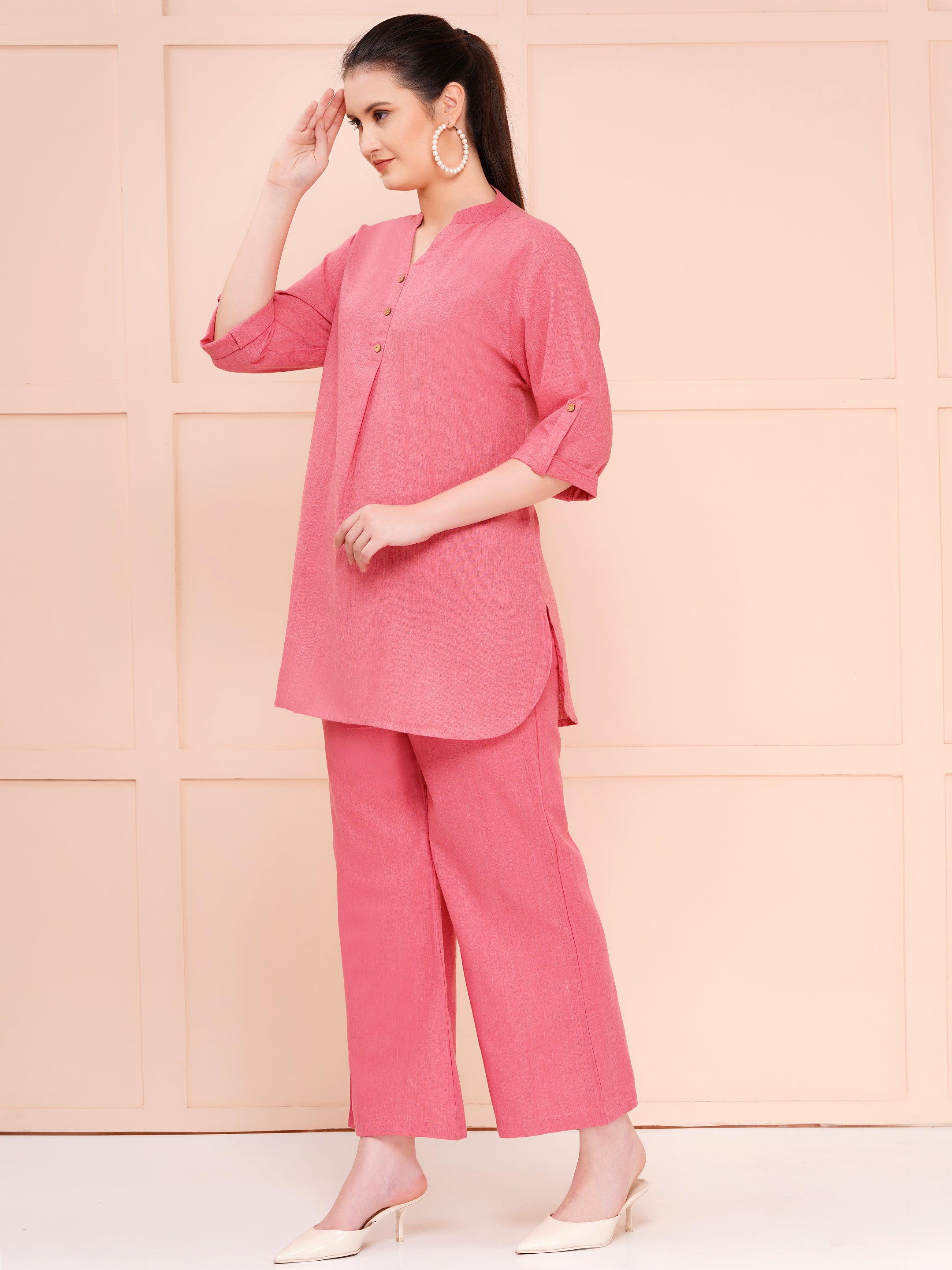 Dark Pink Mandarin Collar Cotton Flax Co-ord Set For Woman 1