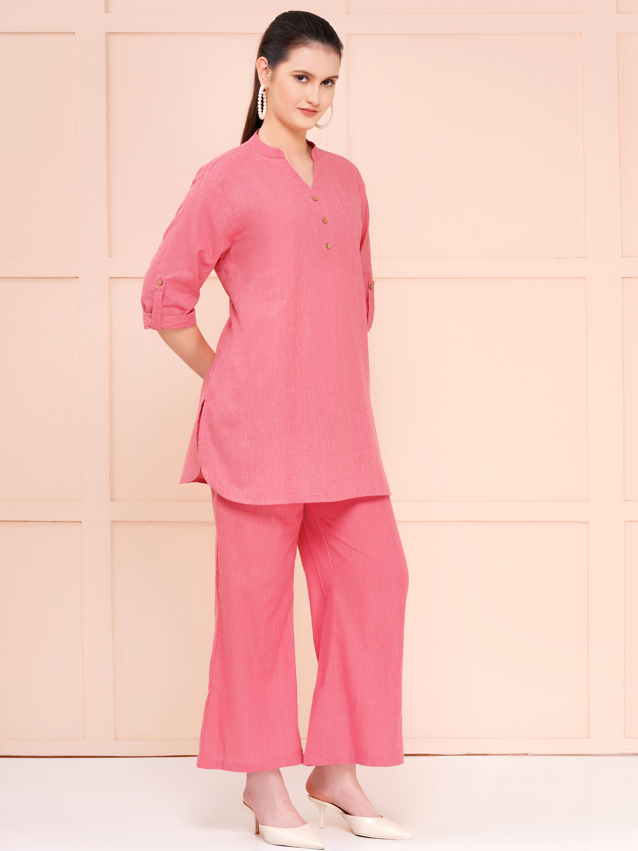 Dark Pink Mandarin Collar Cotton Flax Co-ord Set For Woman | Top with Flared Bottom