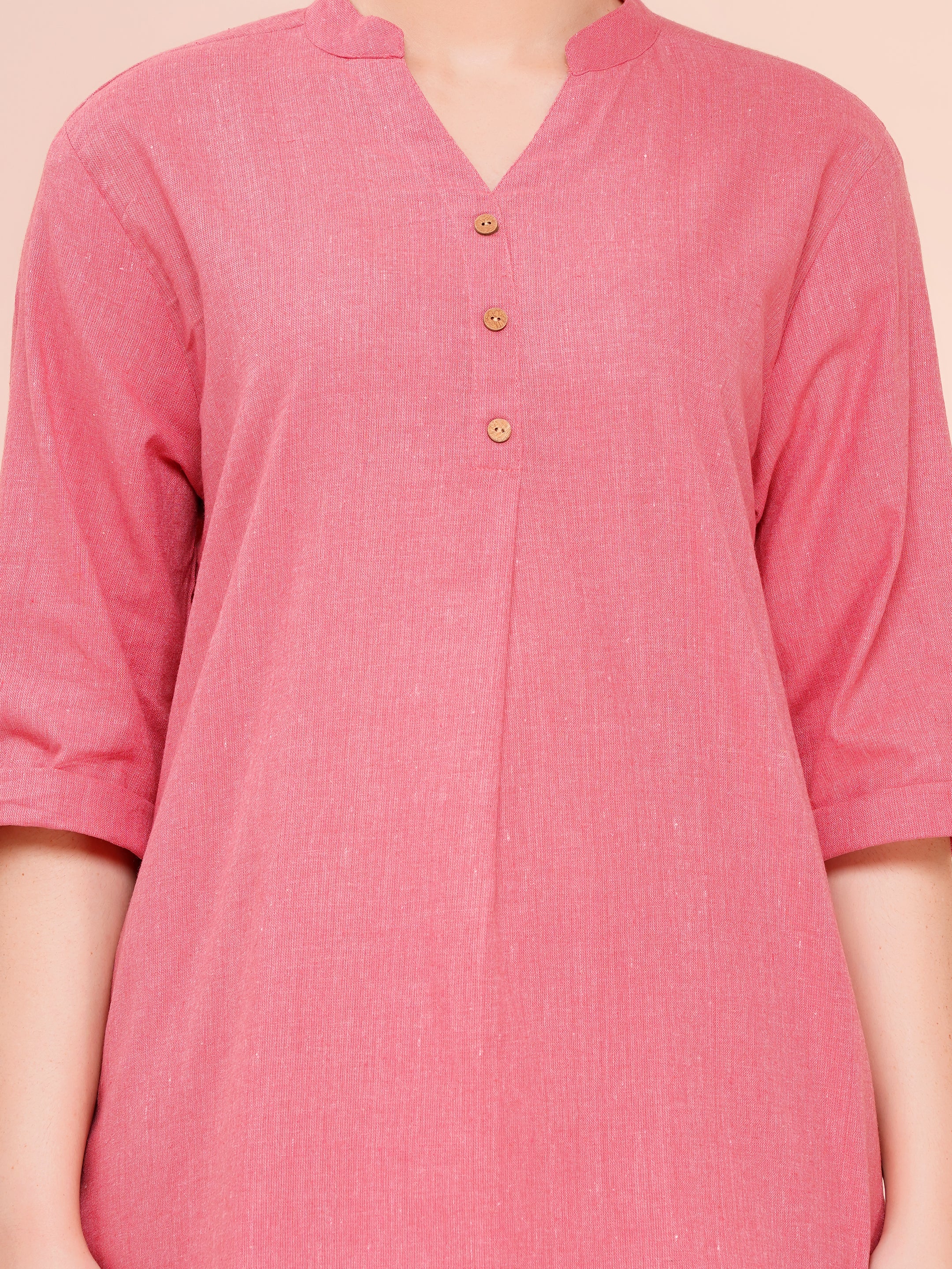 Dark Pink Mandarin Collar Cotton Flax Co-ord Set For Woman | Top with Flared Bottom