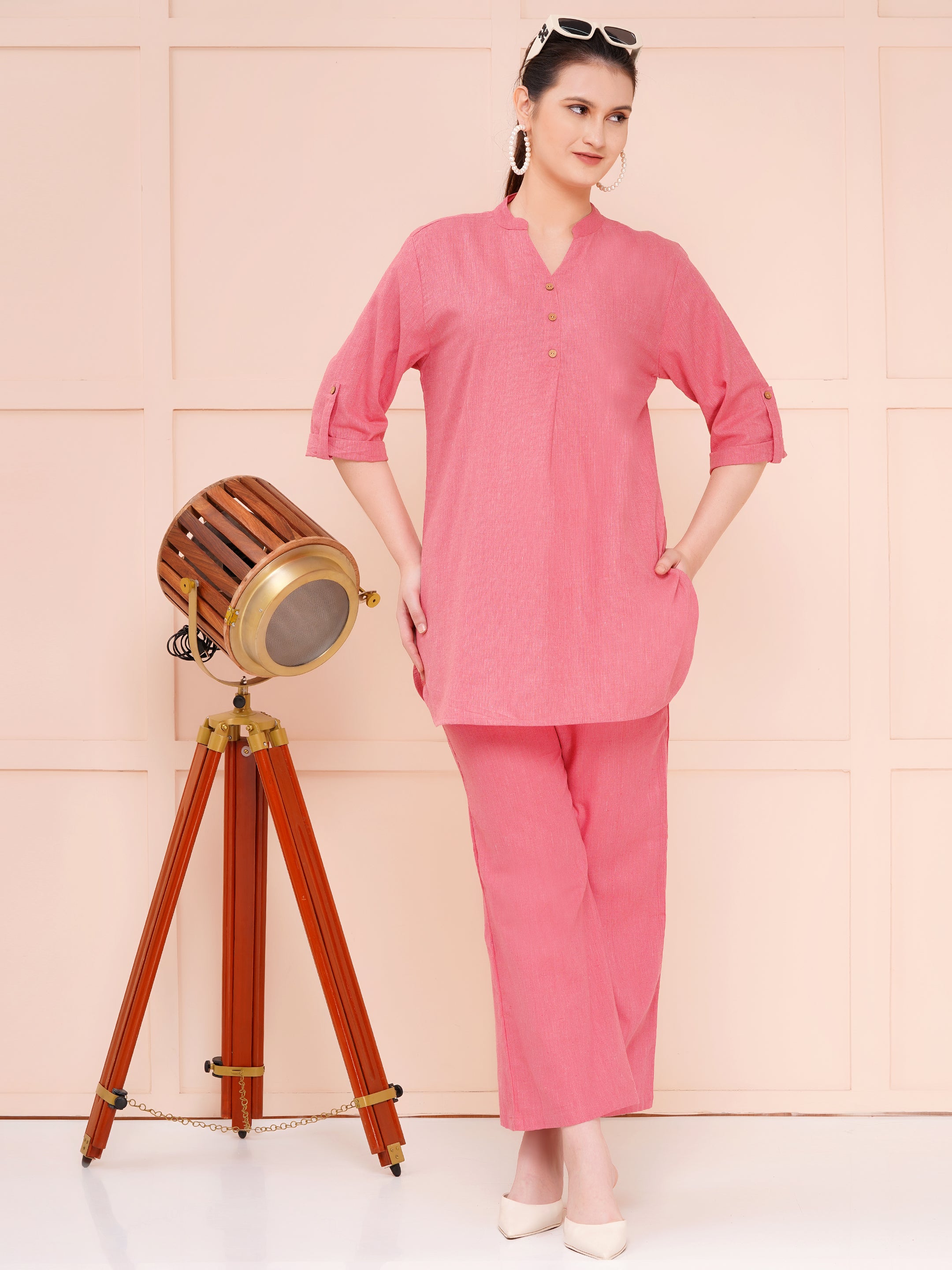 Dark Pink Mandarin Collar Cotton Flax Co-ord Set For Woman | Top with Flared Bottom