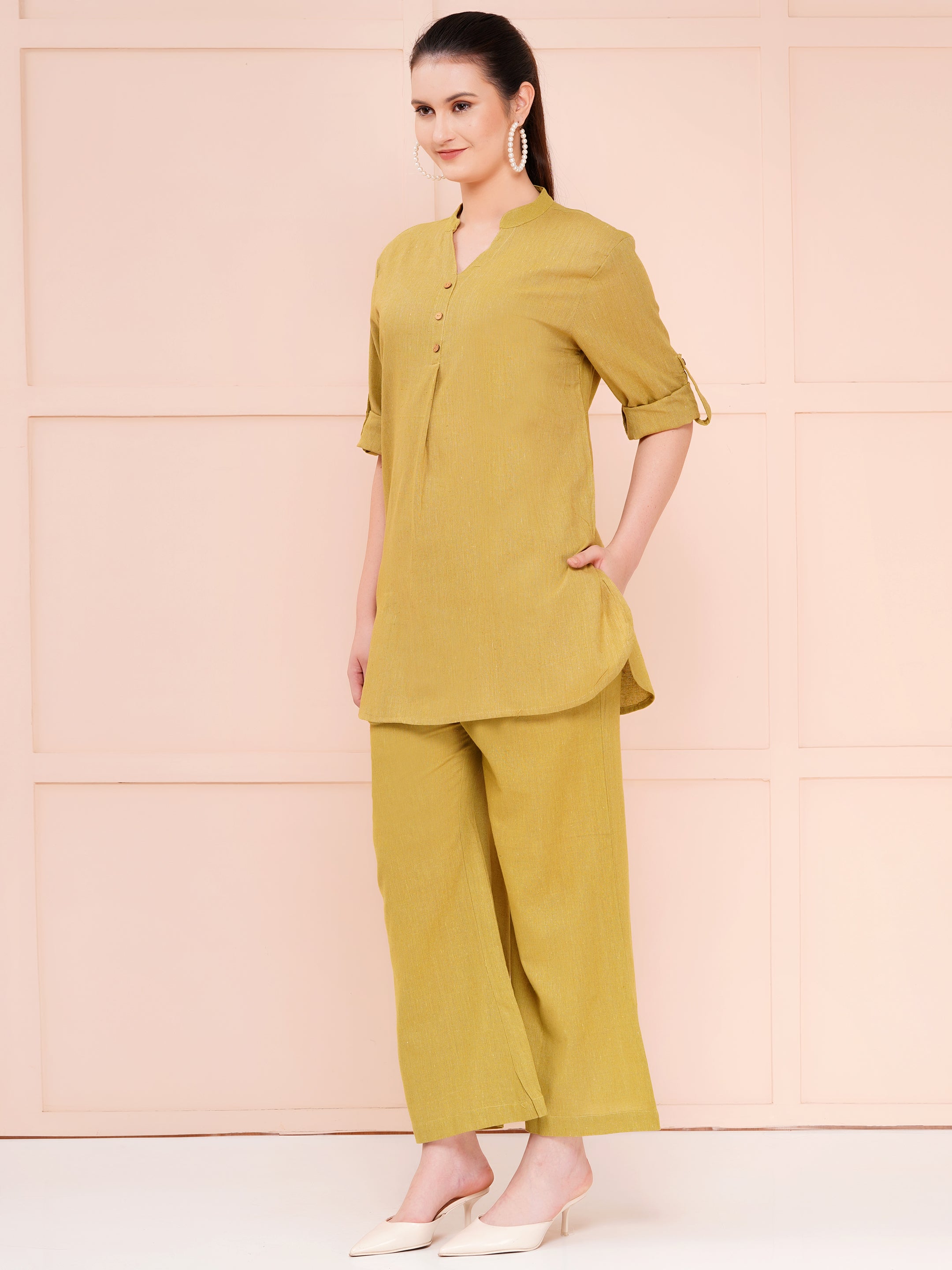 Olive Green Mandarin Collar Cotton Flax Co-ord Set For Woman | Top with Flared Bottom