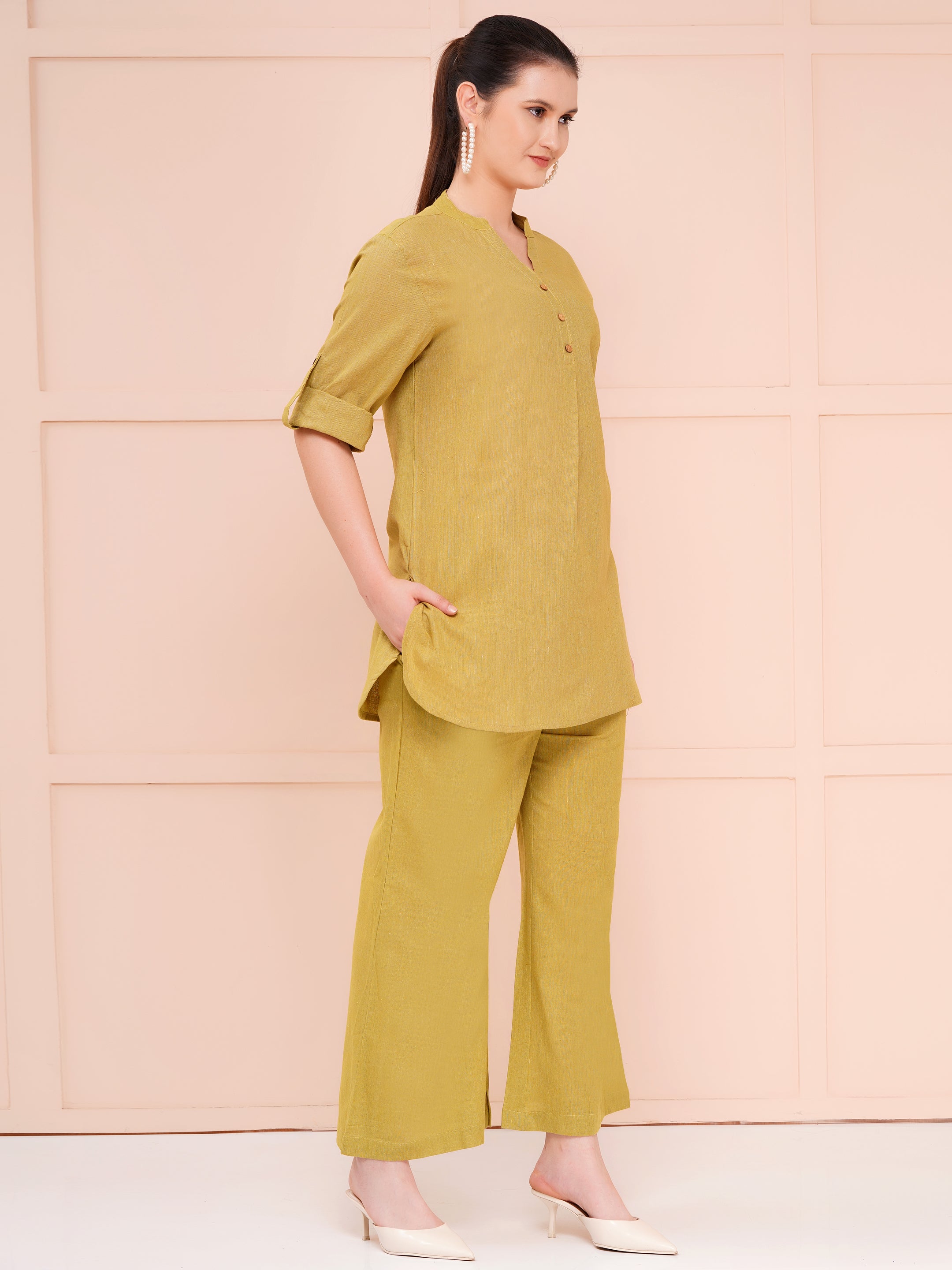 Olive Green Mandarin Collar Cotton Flax Co-ord Set For Woman | Top with Flared Bottom