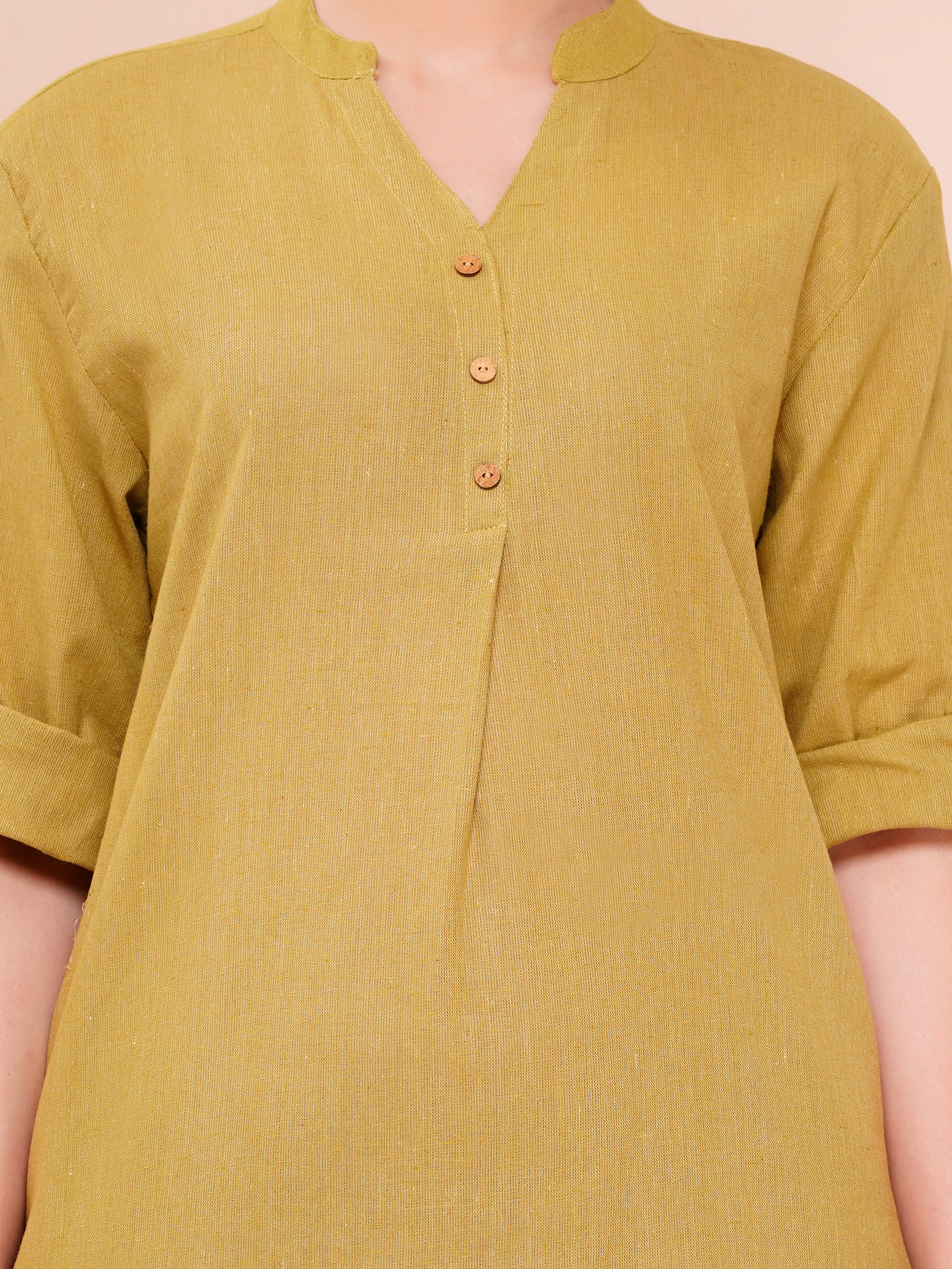 Olive Green Mandarin Collar Cotton Flax Co-ord Set For Woman | Top with Flared Bottom