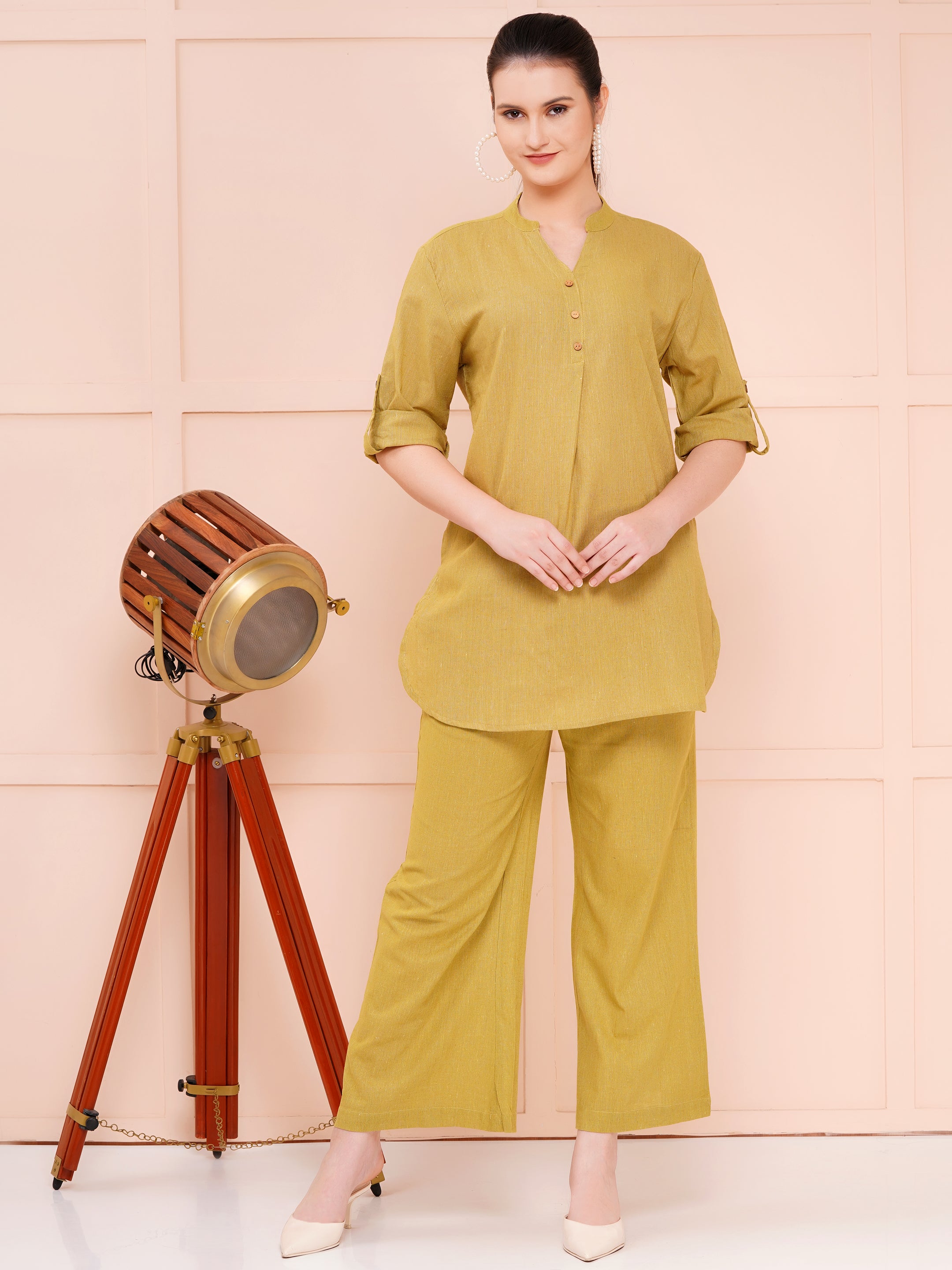 Olive Green Mandarin Collar Cotton Flax Co-ord Set For Woman | Top with Flared Bottom