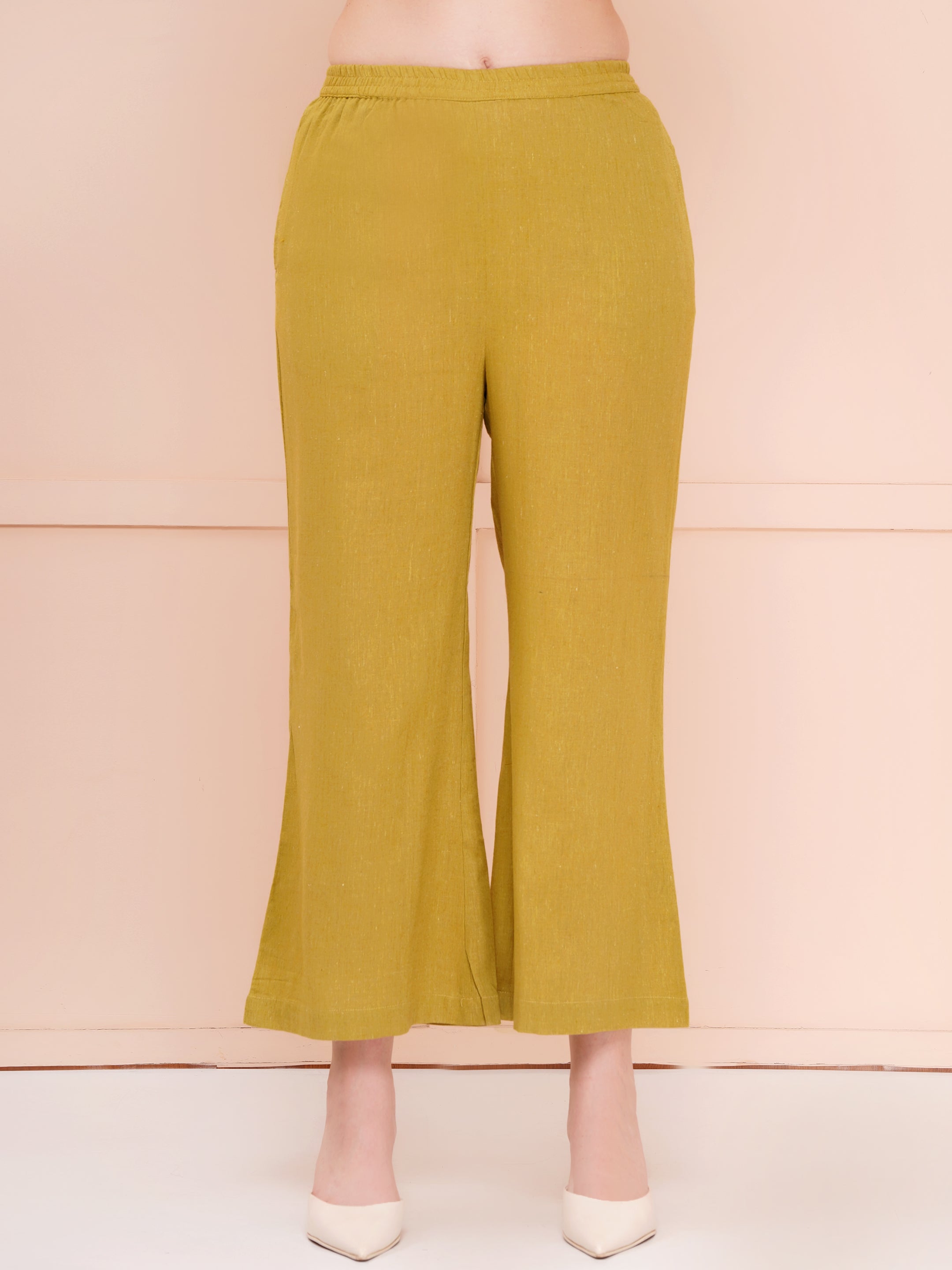 Olive Green Mandarin Collar Cotton Flax Co-ord Set For Woman | Top with Flared Bottom