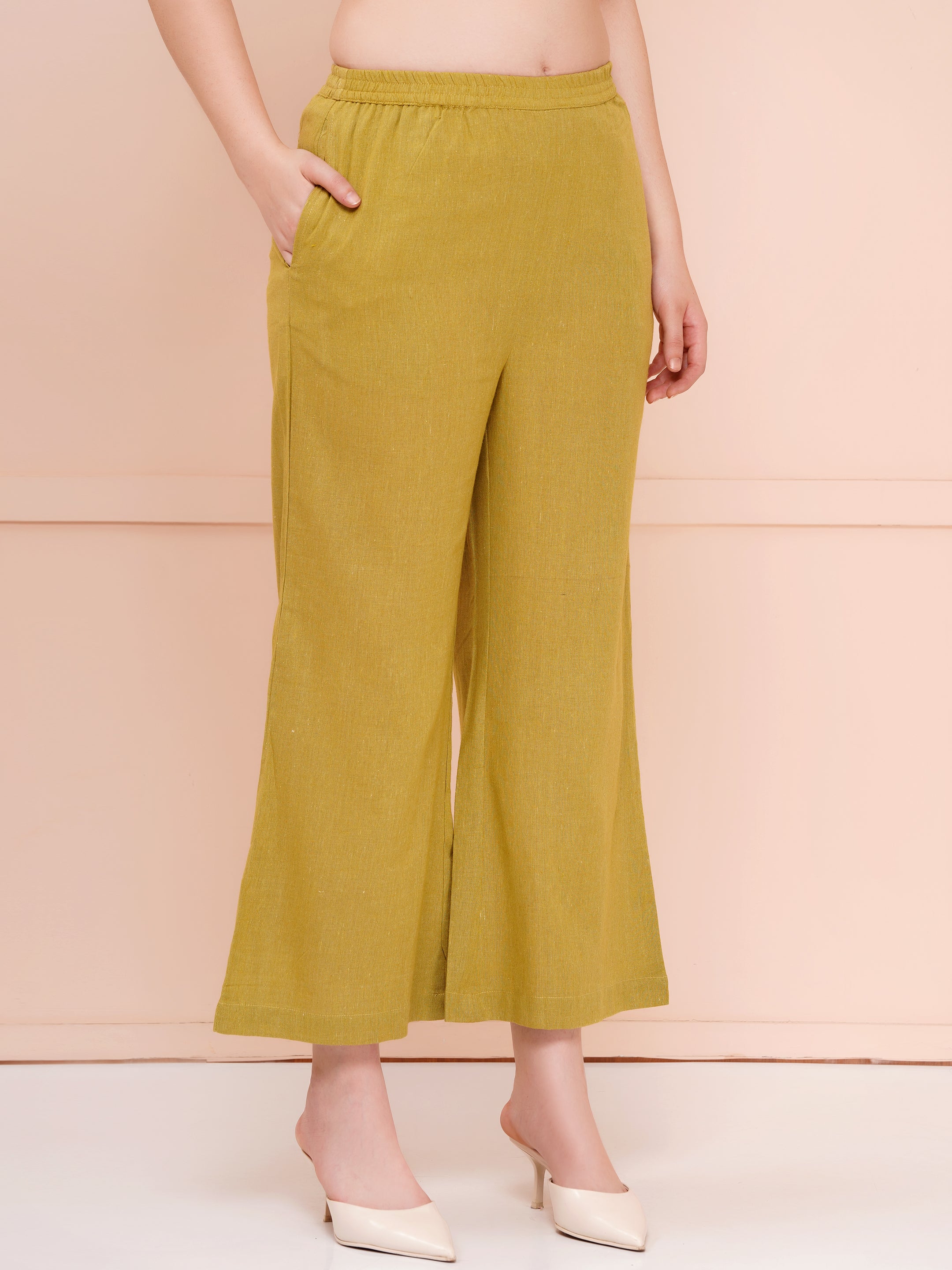 Olive Green Mandarin Collar Cotton Flax Co-ord Set For Woman | Top with Flared Bottom