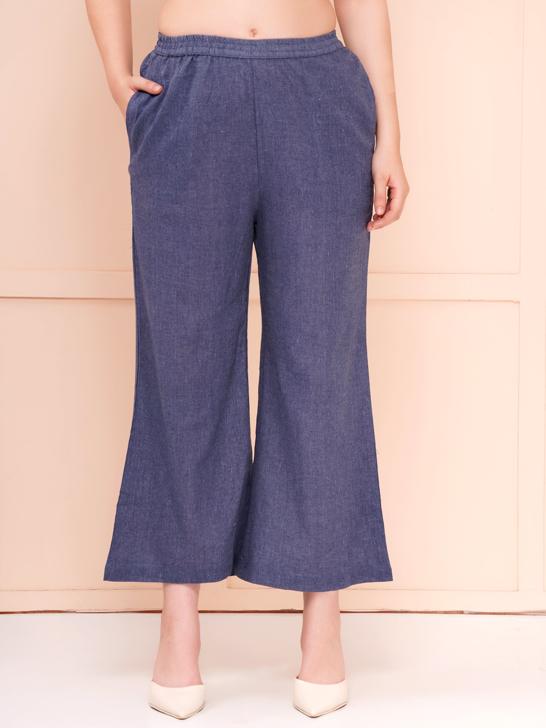 Grey Mandarin Collar Cotton Flax Co-ord Set For Woman | Top with Flared Bottom