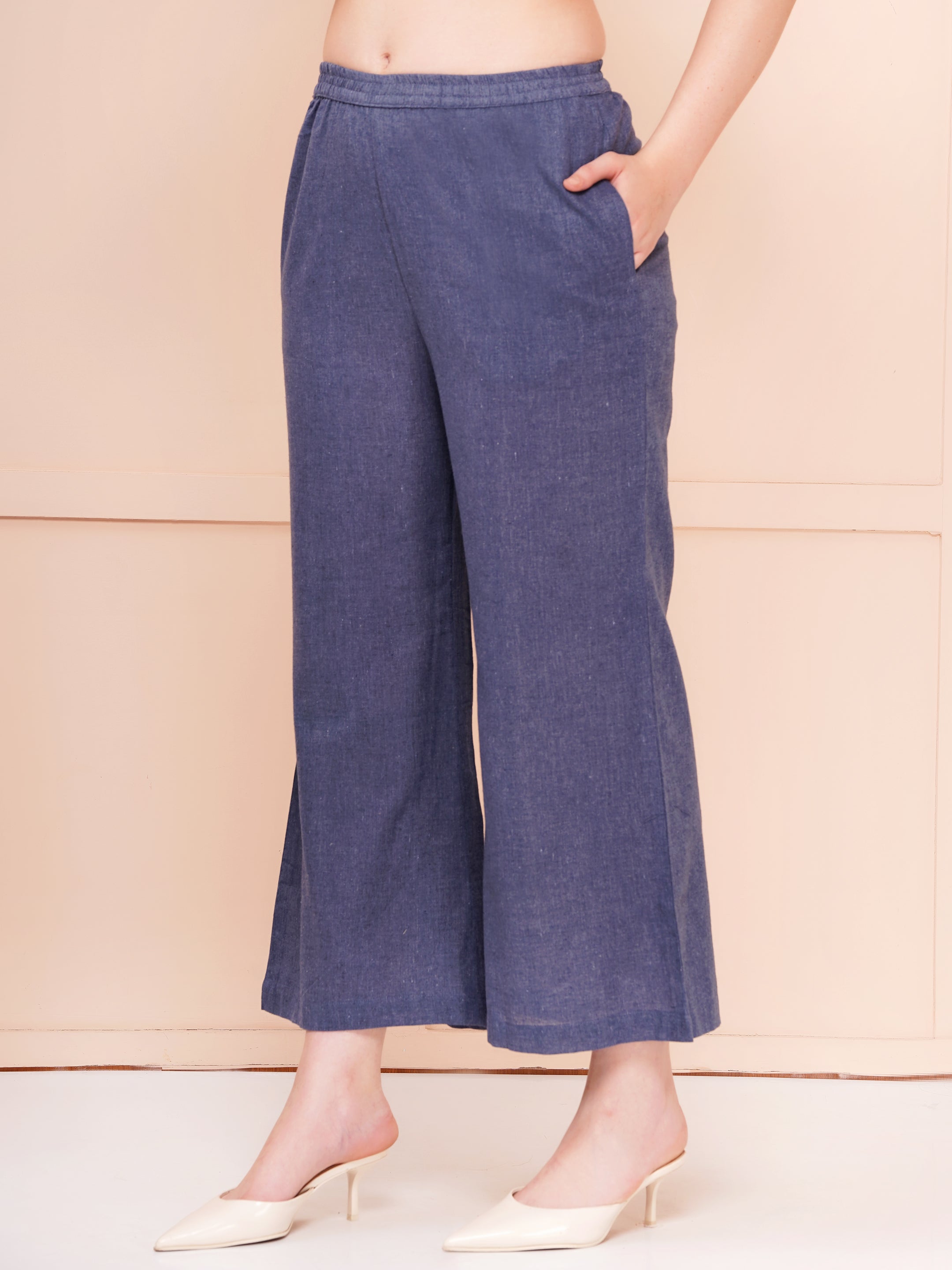 Grey Mandarin Collar Cotton Flax Co-ord Set For Woman | Top with Flared Bottom