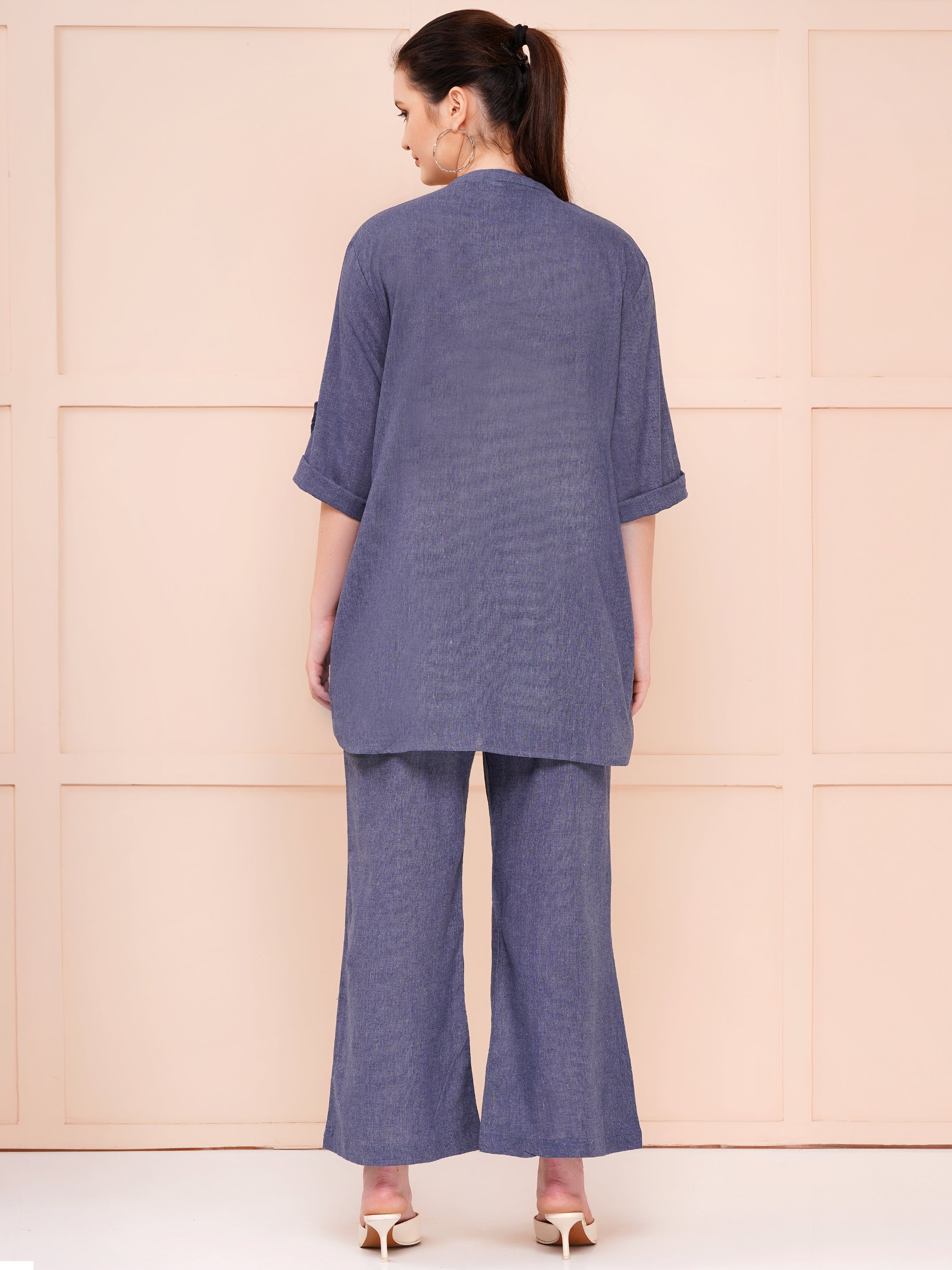 Grey Mandarin Collar Cotton Flax Co-ord Set For Woman | Top with Flared Bottom