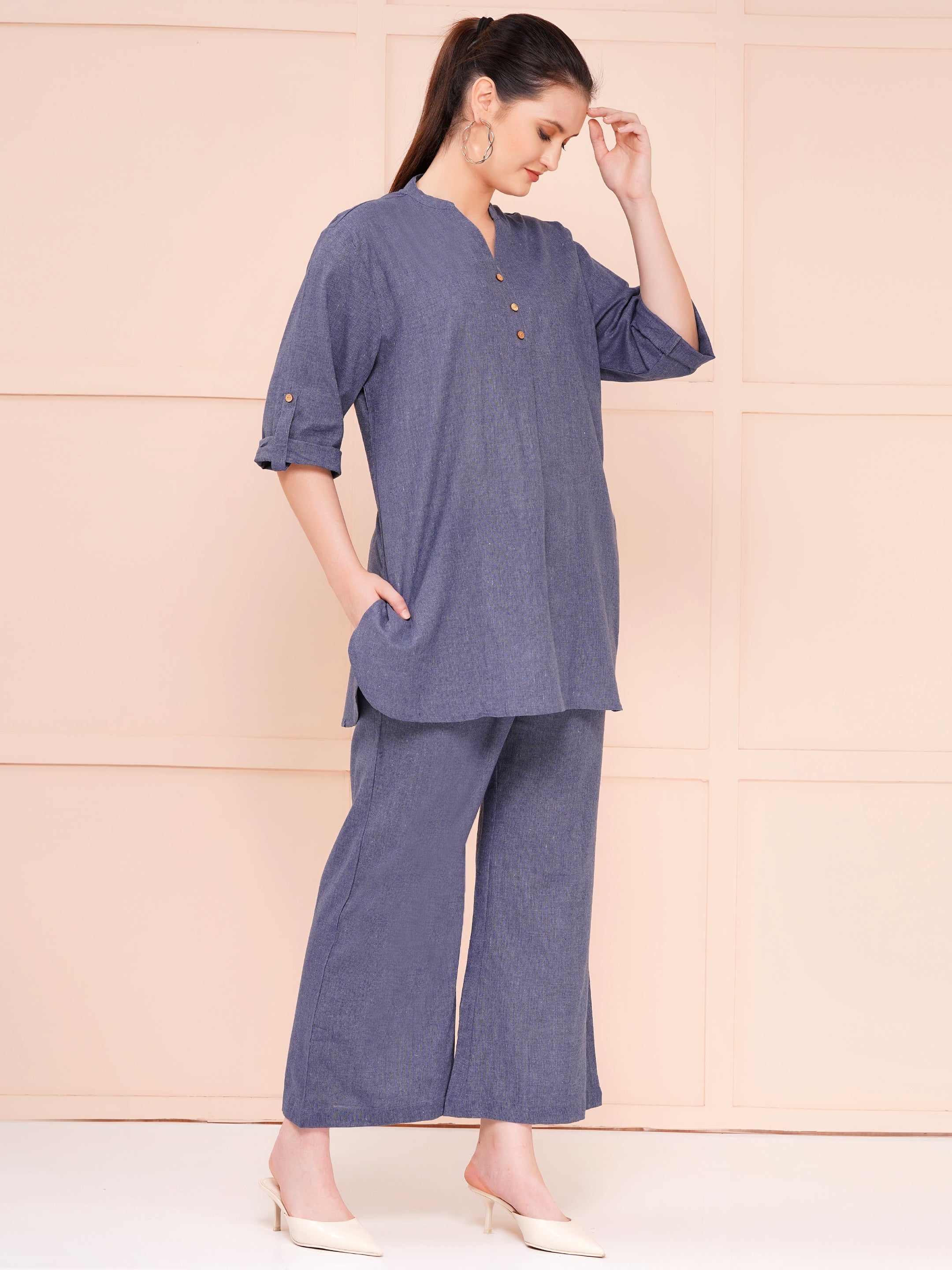 Grey Mandarin Collar Cotton Flax Co-ord Set For Woman | Top with Flared Bottom