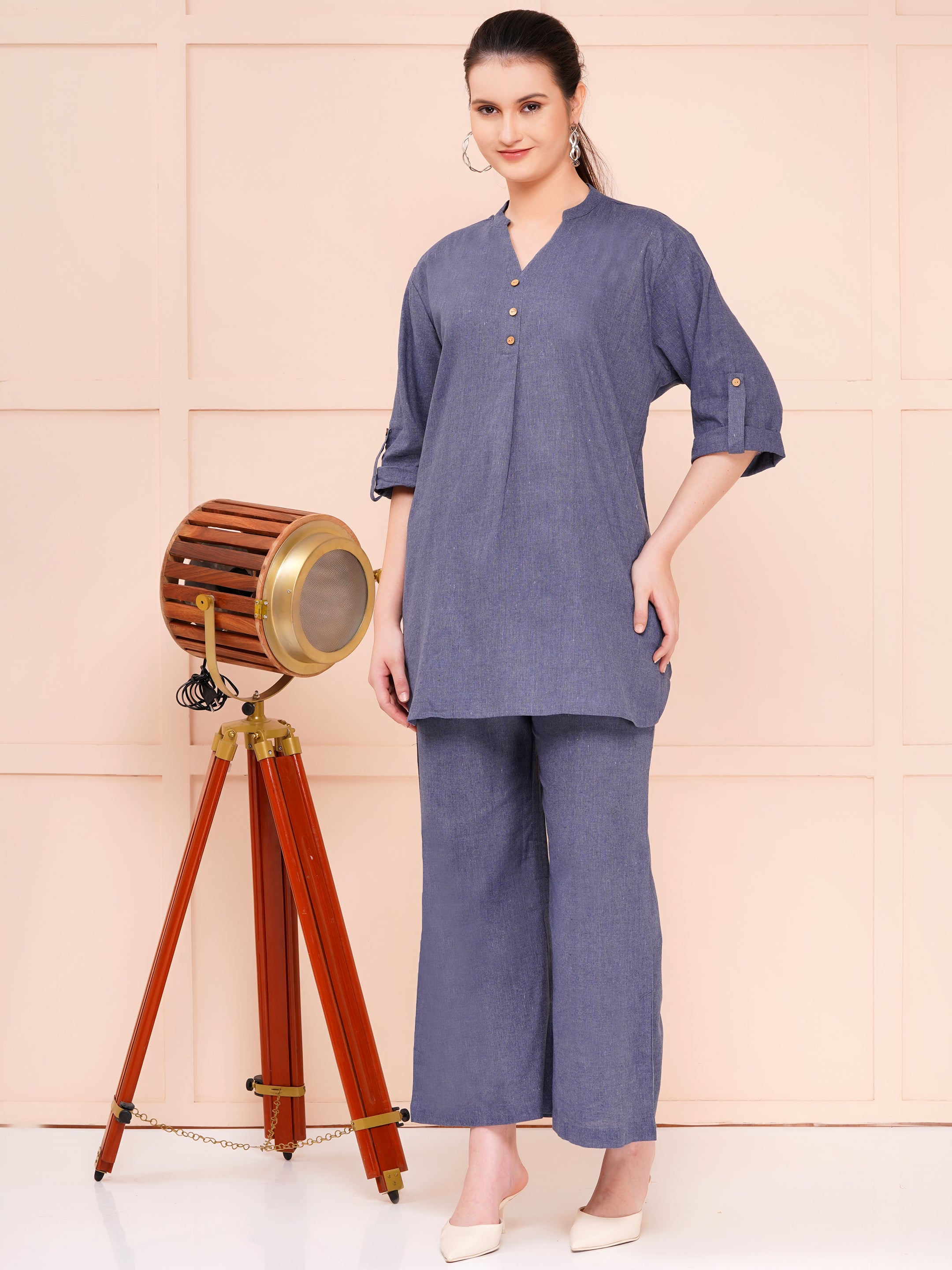 Grey Mandarin Collar Cotton Flax Co-ord Set For Woman | Top with Flared Bottom