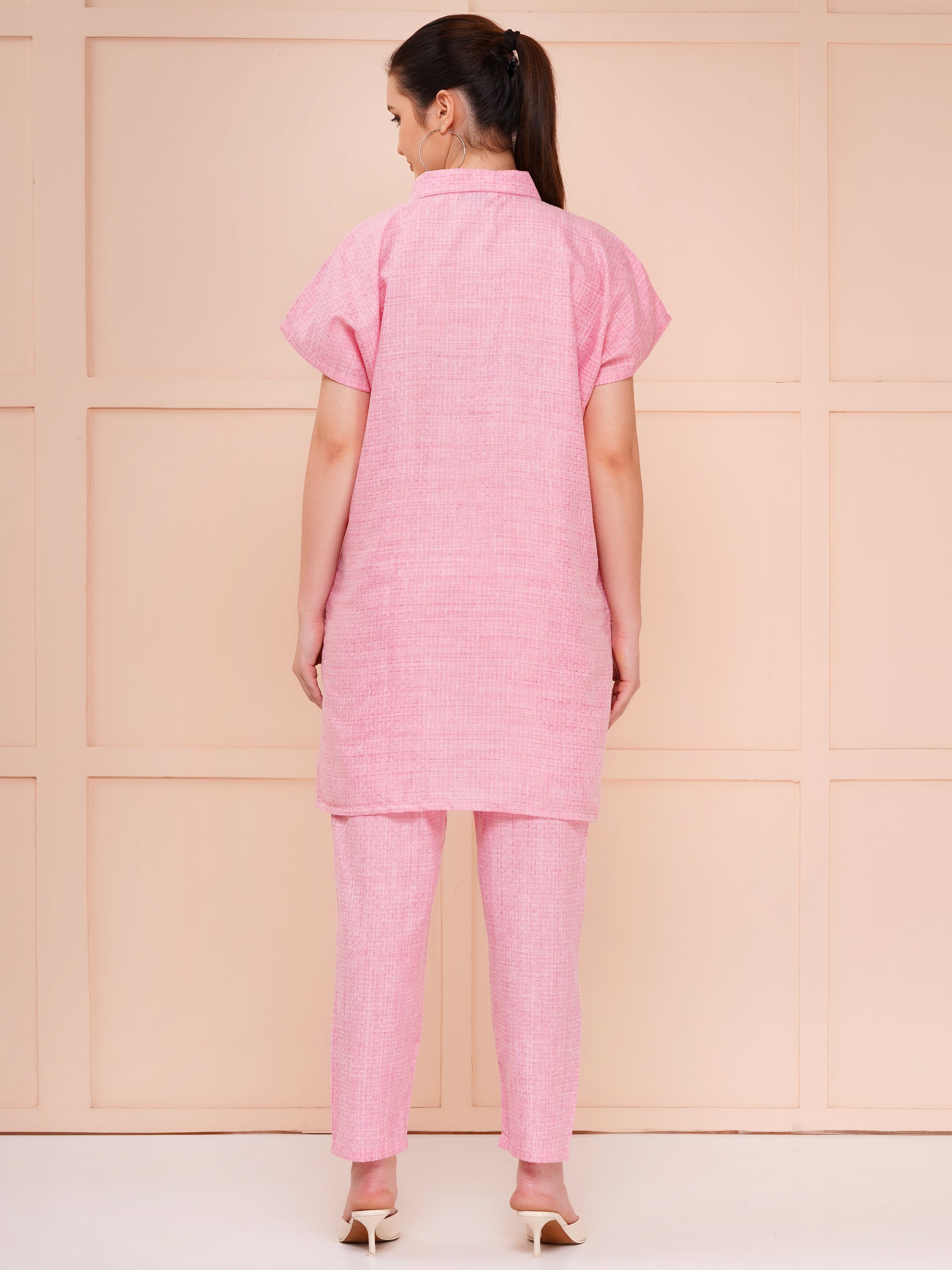 Flamingo Pink Collar Button Dobby Co-ord Set For Woman | Stylish & Oversize Fit