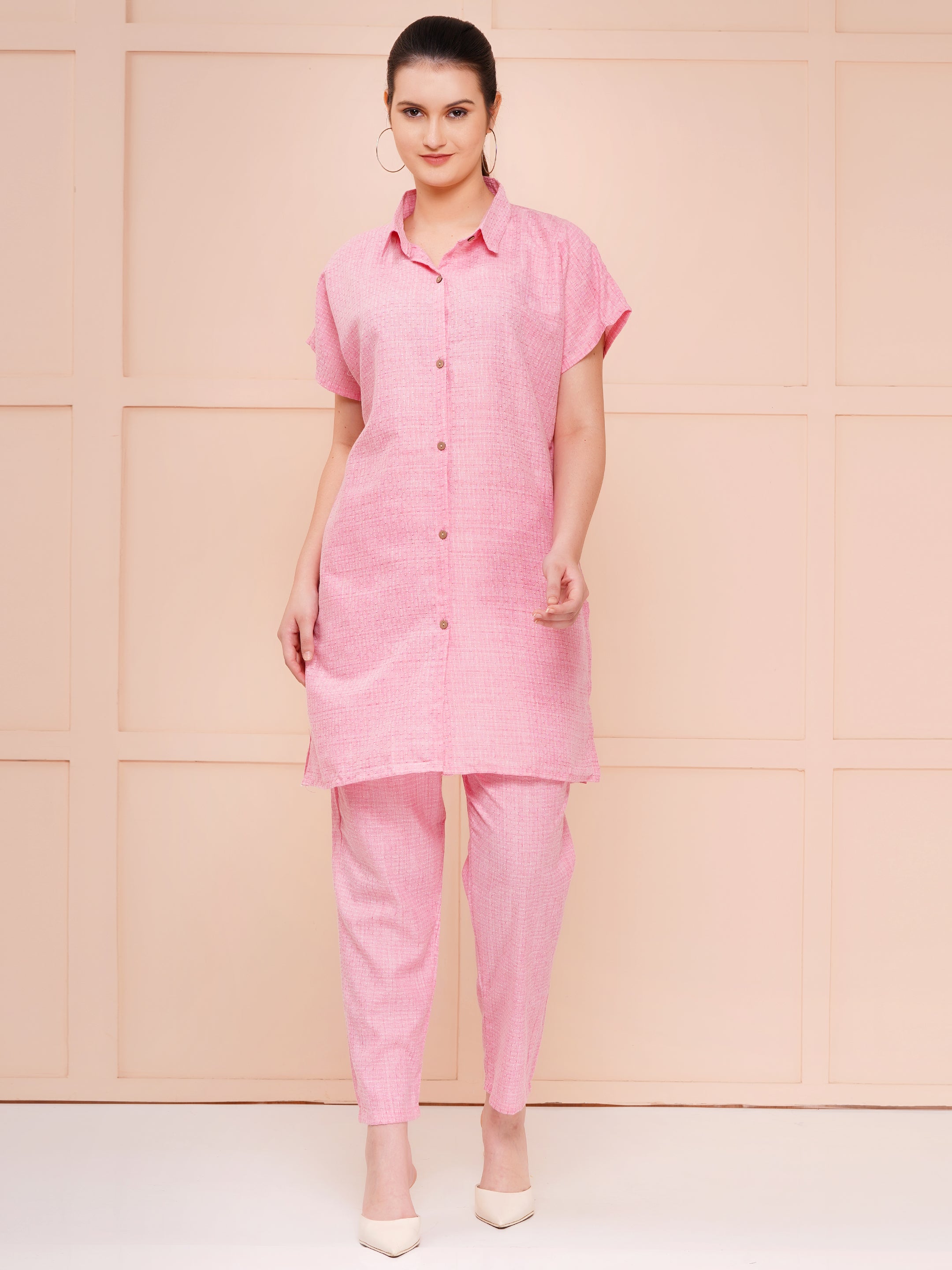 Flamingo Pink Collar Button Dobby Co-ord Set For Woman | Stylish & Oversize Fit