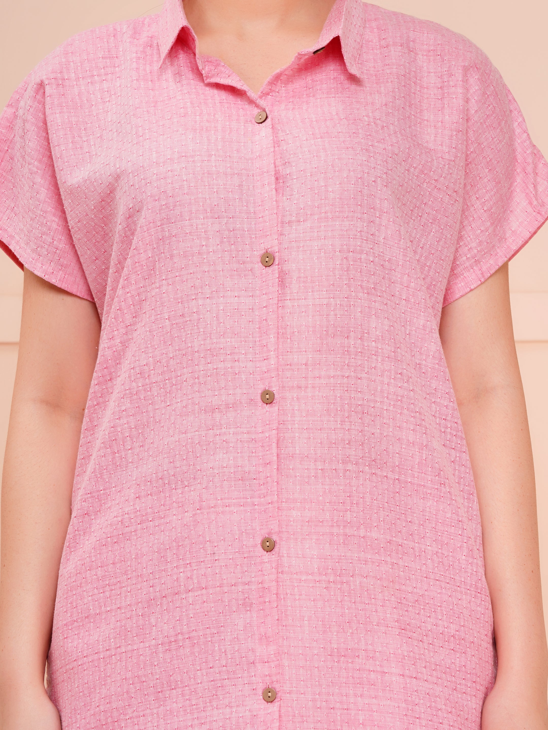 Flamingo Pink Collar Button Dobby Co-ord Set For Woman | Stylish & Oversize Fit