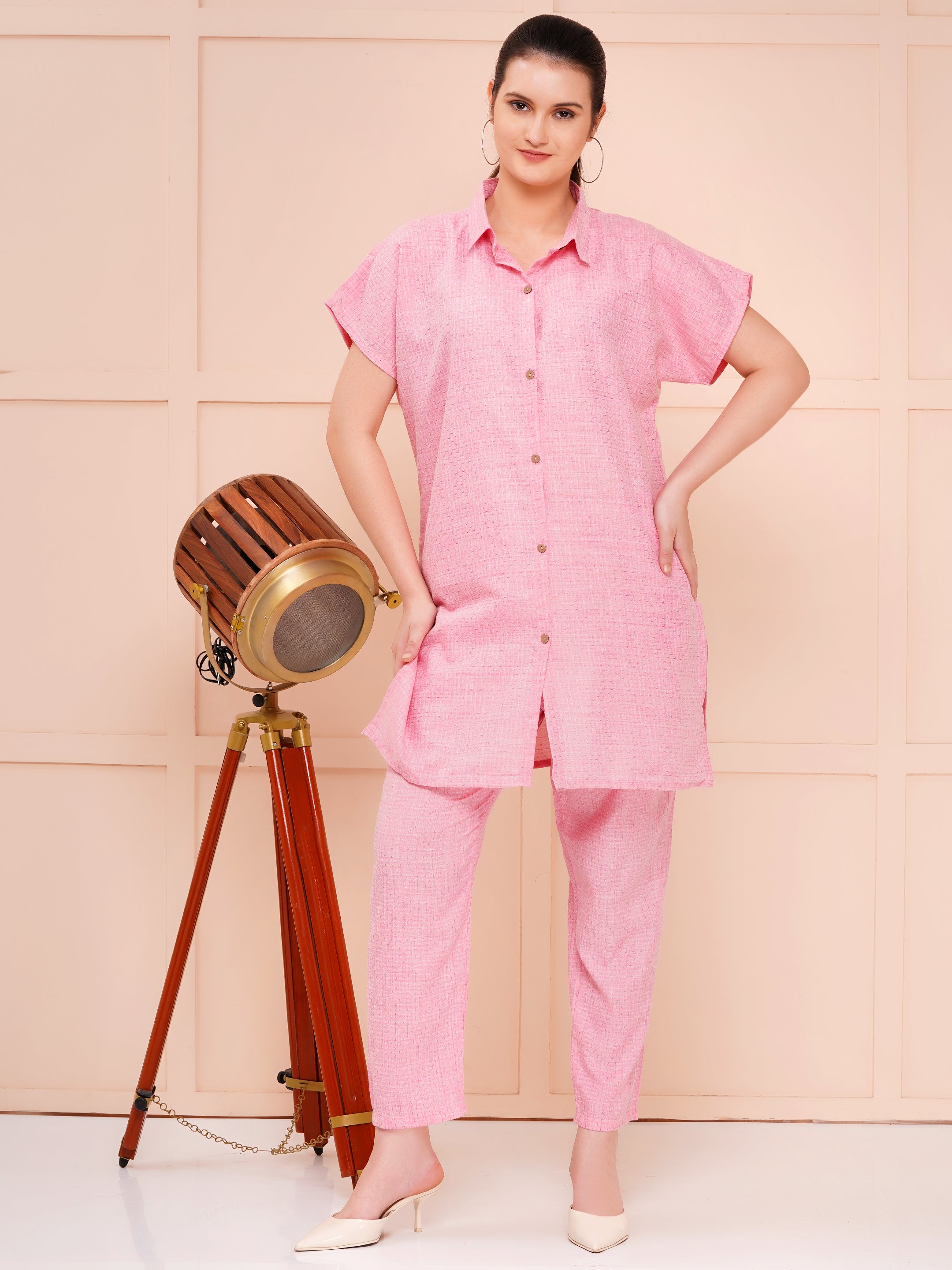 Flamingo Pink Collar Button Dobby Co-ord Set For Woman | Stylish & Oversize Fit