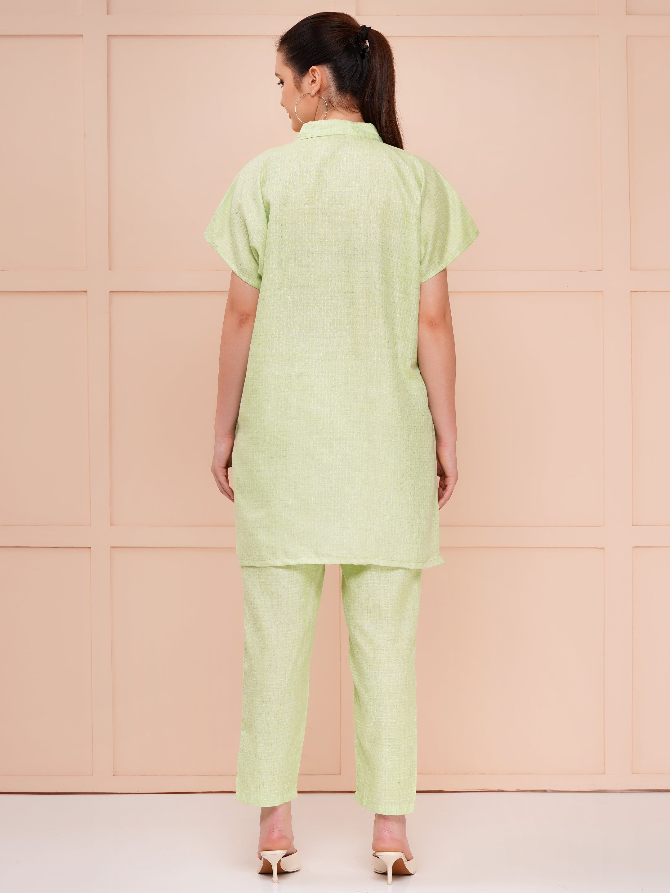 Mint Green Collar Button Dobby Co-ord Set For Woman | Shirt with Pant