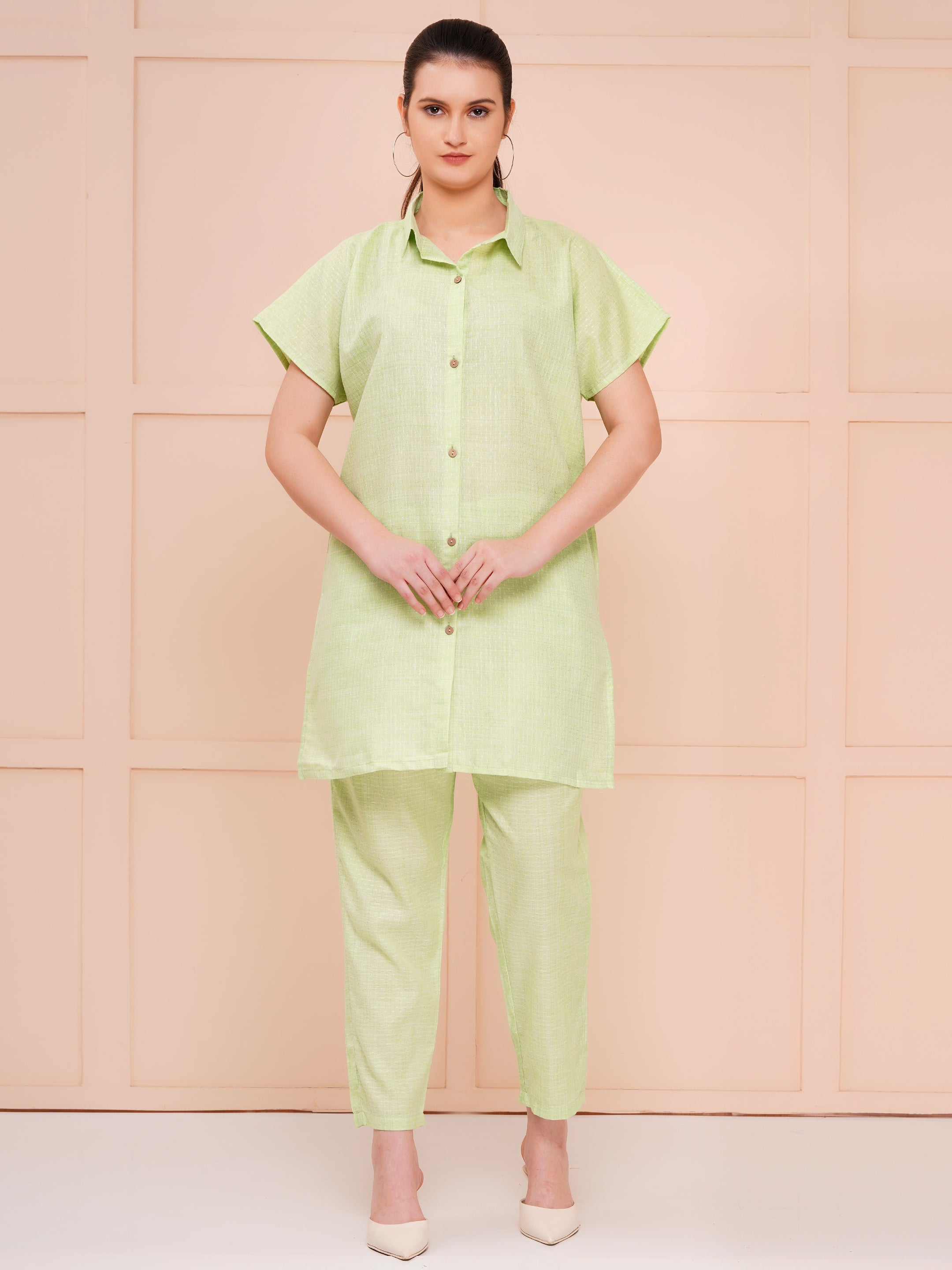 Mint Green Collar Button Dobby Co-ord Set For Woman | Shirt with Pant