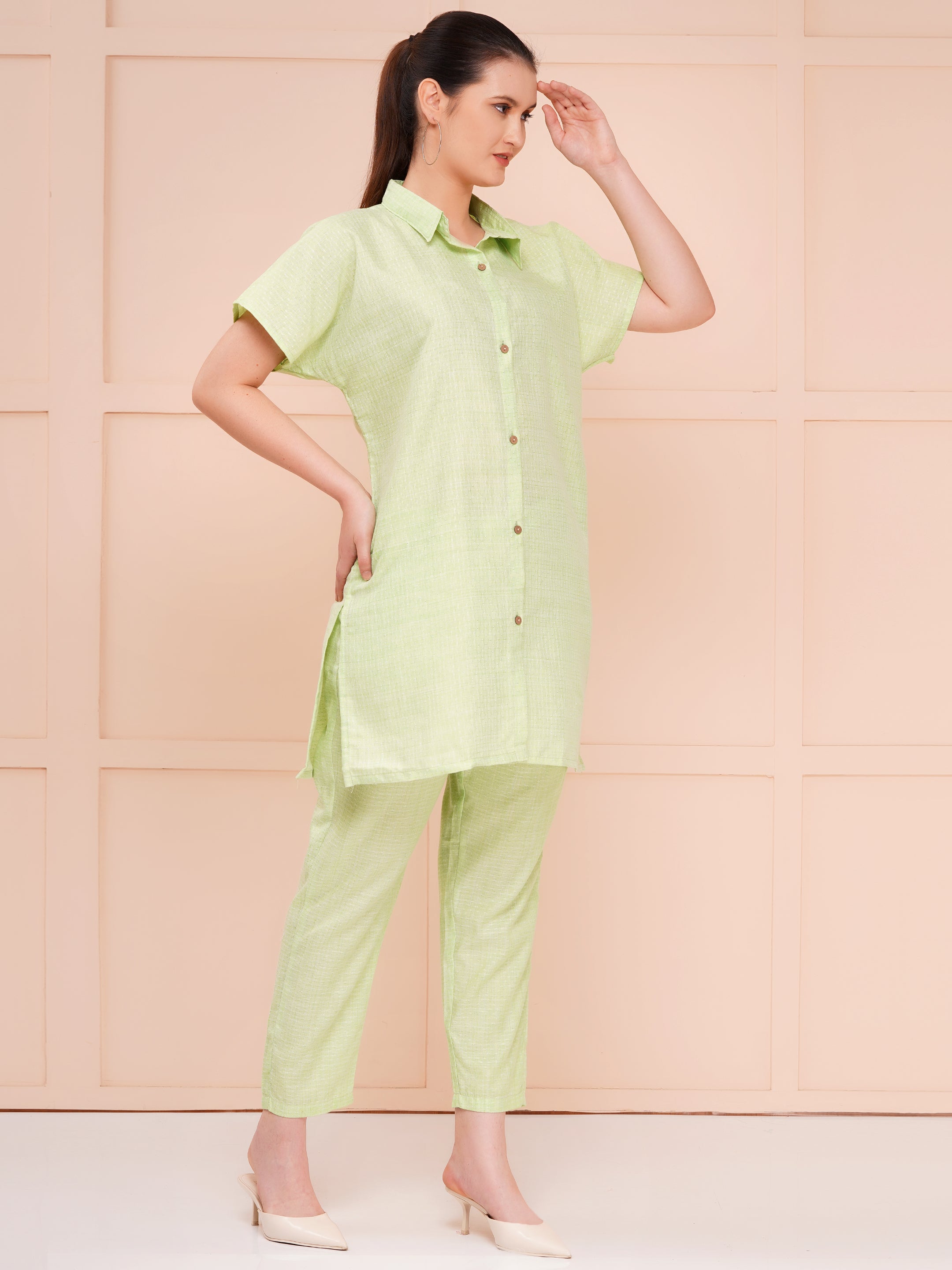 Mint Green Collar Button Dobby Co-ord Set For Woman | Shirt with Pant