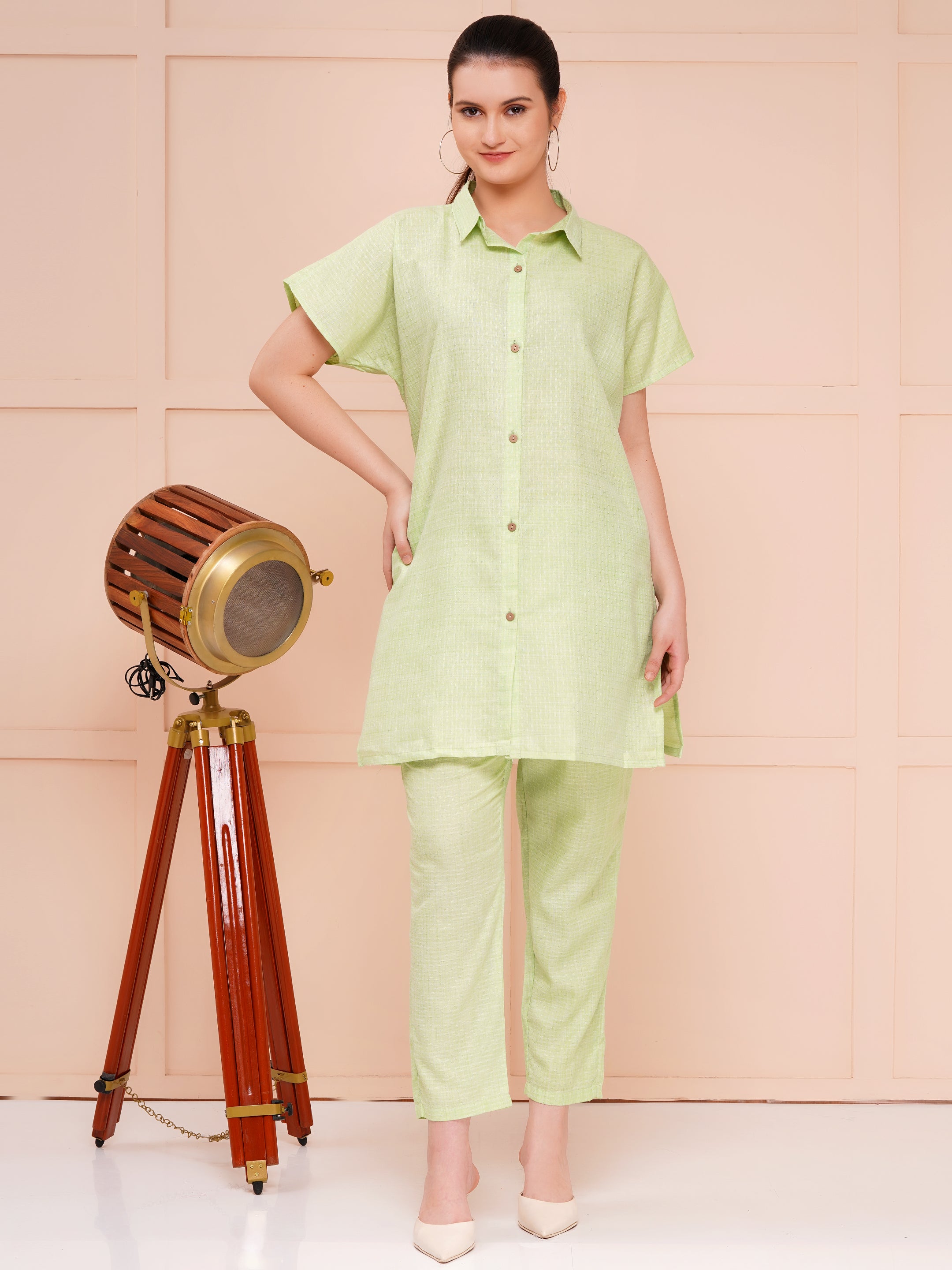 Mint Green Collar Button Dobby Co-ord Set For Woman | Shirt with Pant