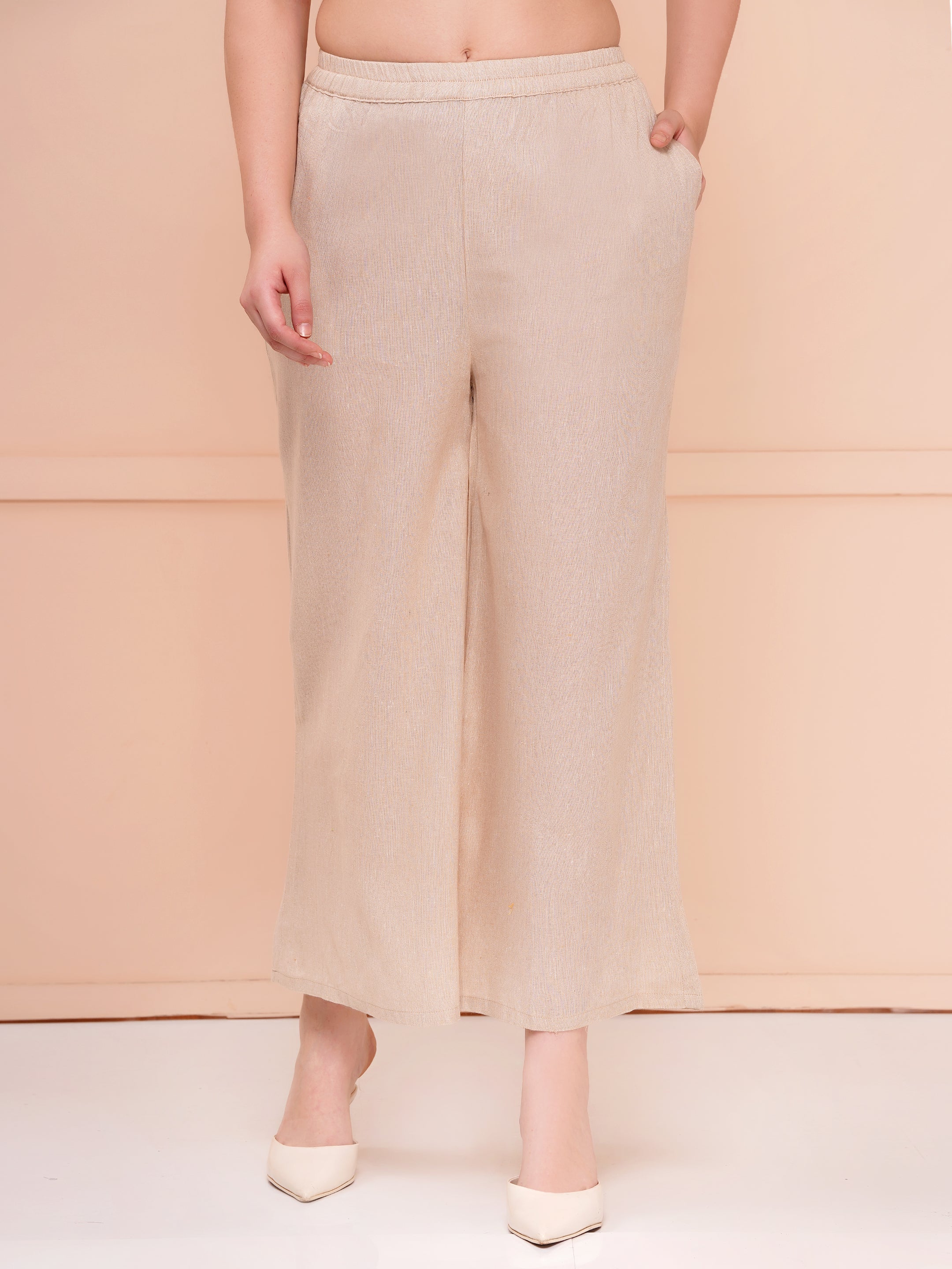 Beige Taper Slim Fit Khadi Co-ord Set For Woman | V-Cut Top & Flared Bottom