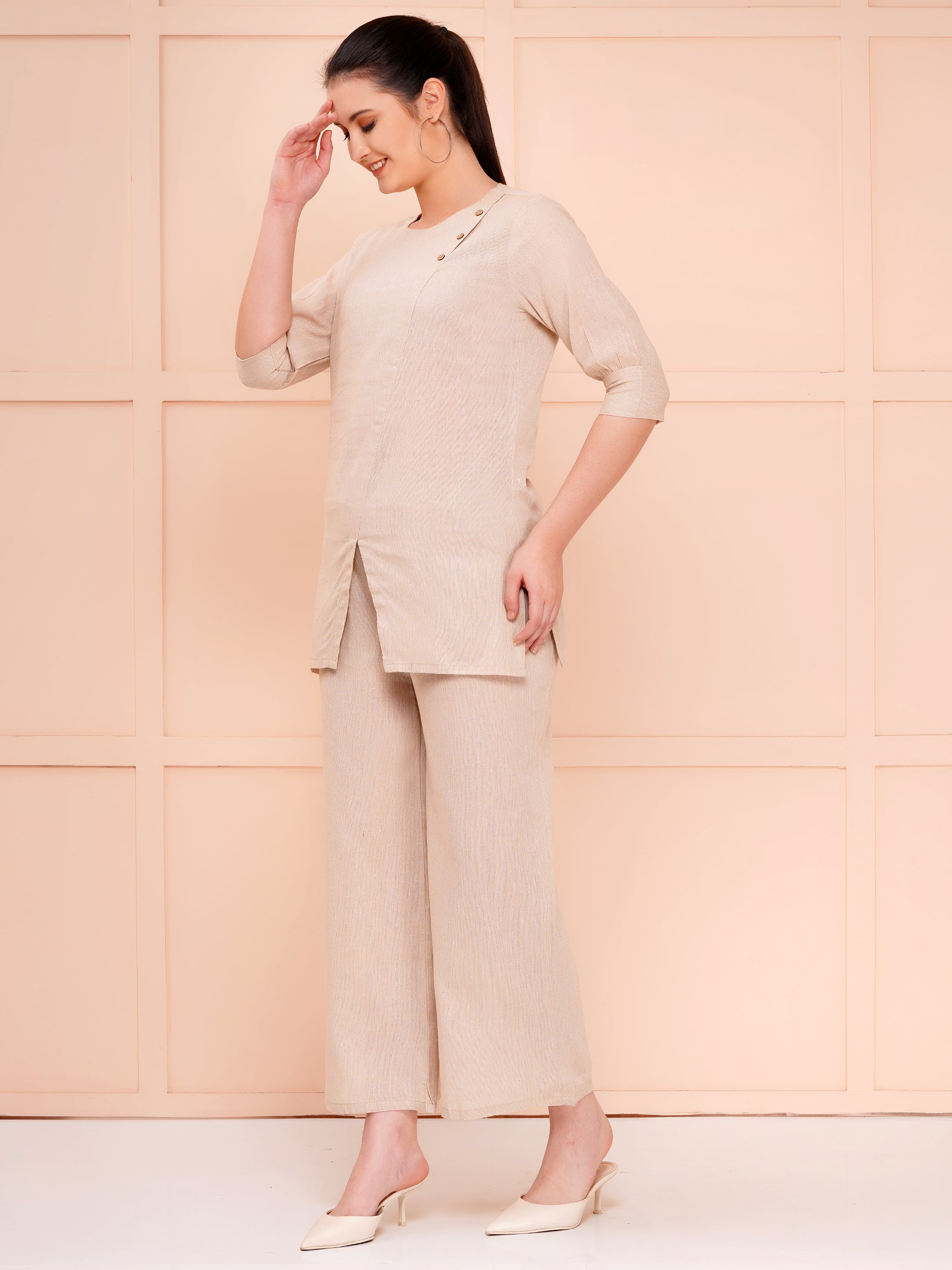 Beige Taper Slim Fit Khadi Co-ord Set For Woman | V-Cut Top & Flared Bottom