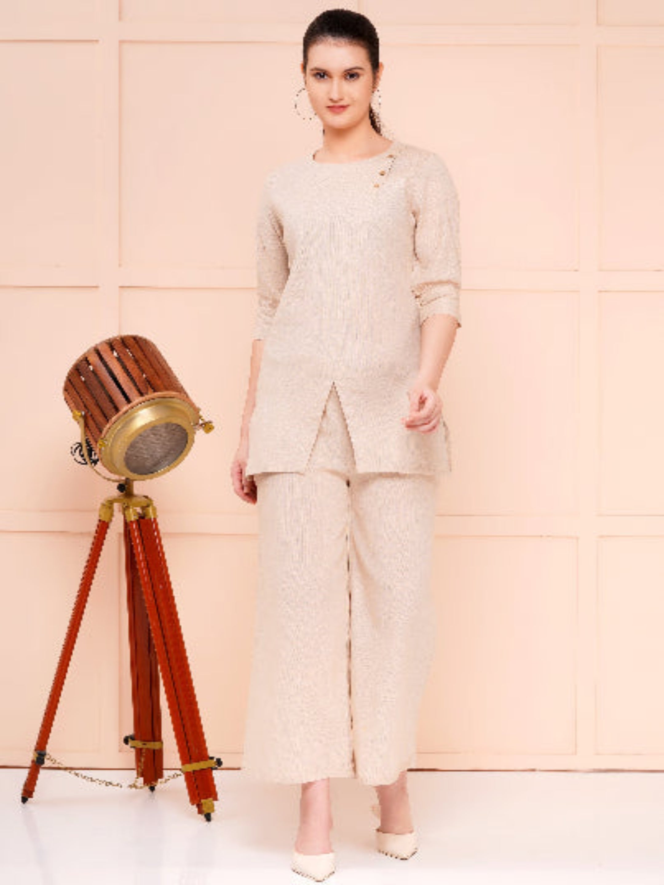 Beige Taper Slim Fit Khadi Co-ord Set for woman