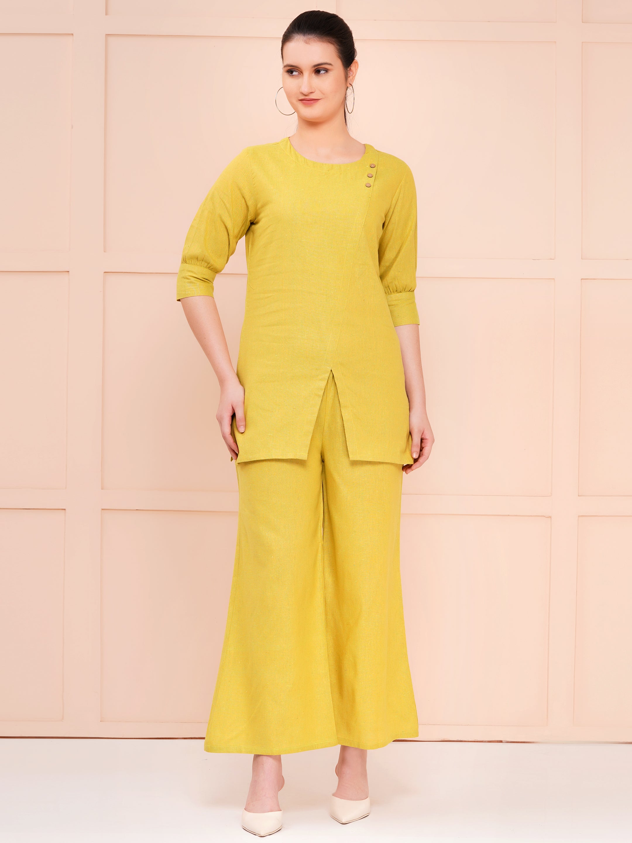 Pistachio Taper Slim Fit Khadi Co-ord Set For Woman | V-Cut Top & Flared Bottom