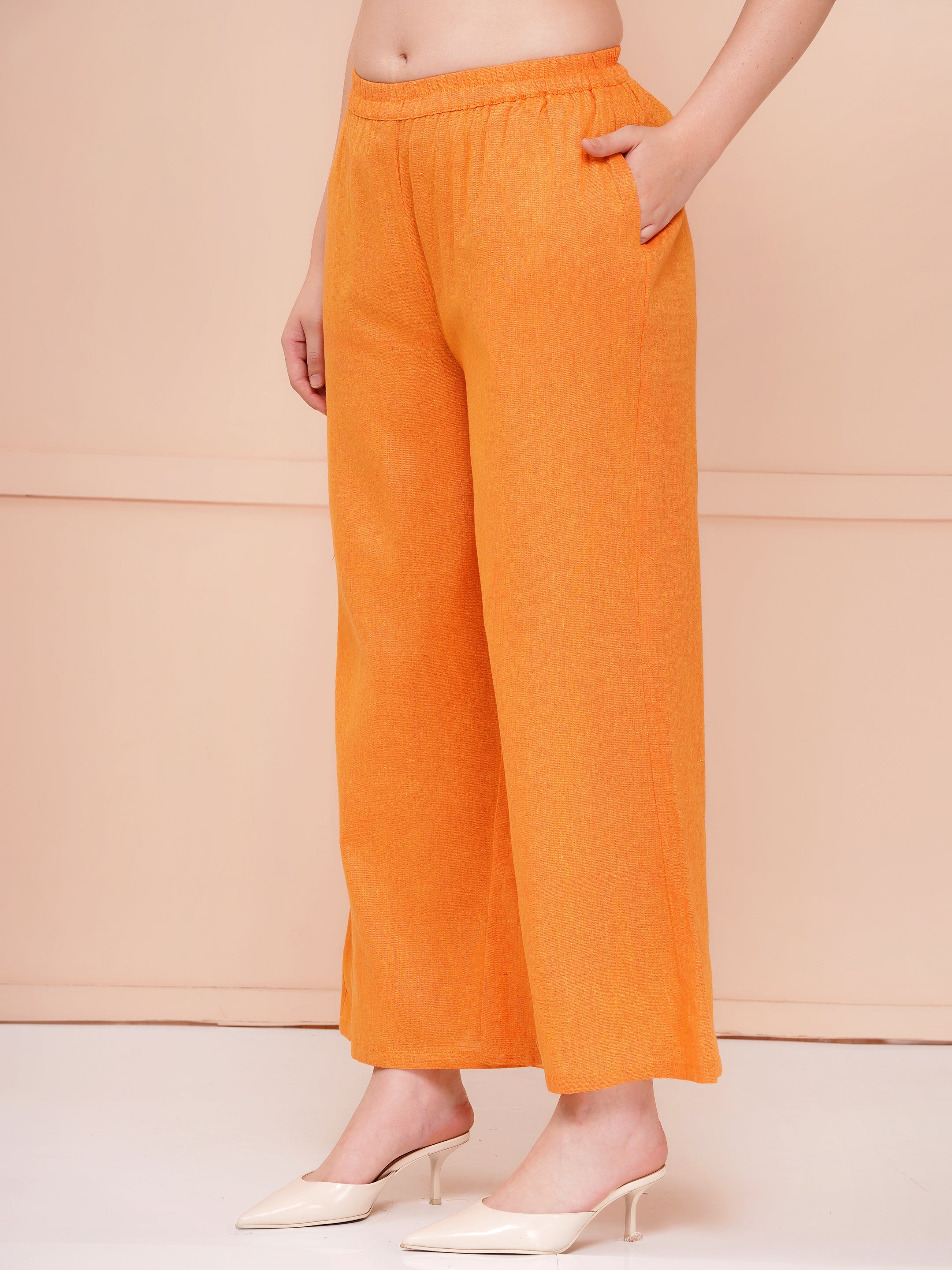 Orange Taper Slim Fit Khadi Co-ord Set For Woman | V-Cut Top & Flared Bottom