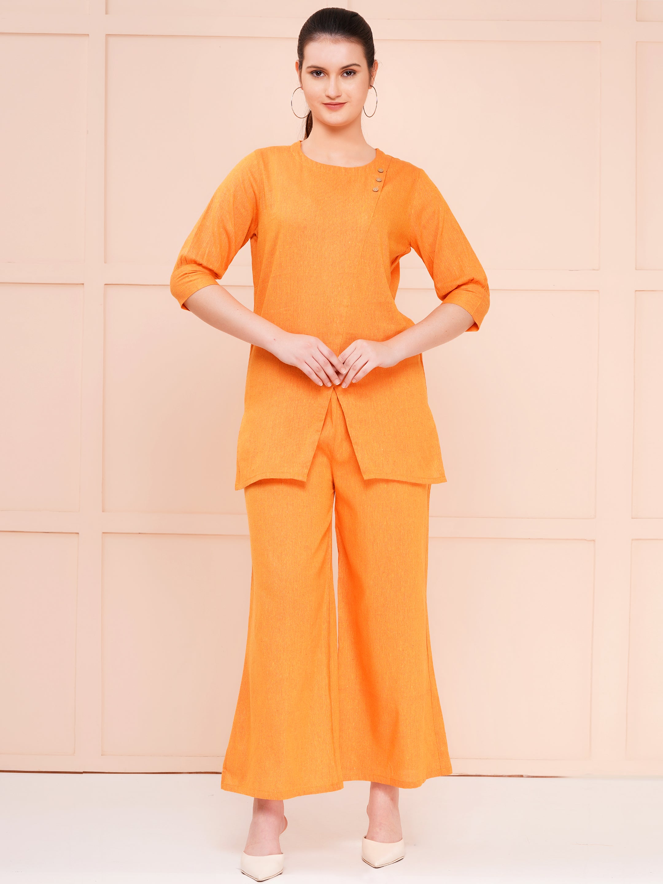 Orange Taper Slim Fit Khadi Co-ord Set For Woman | V-Cut Top & Flared Bottom