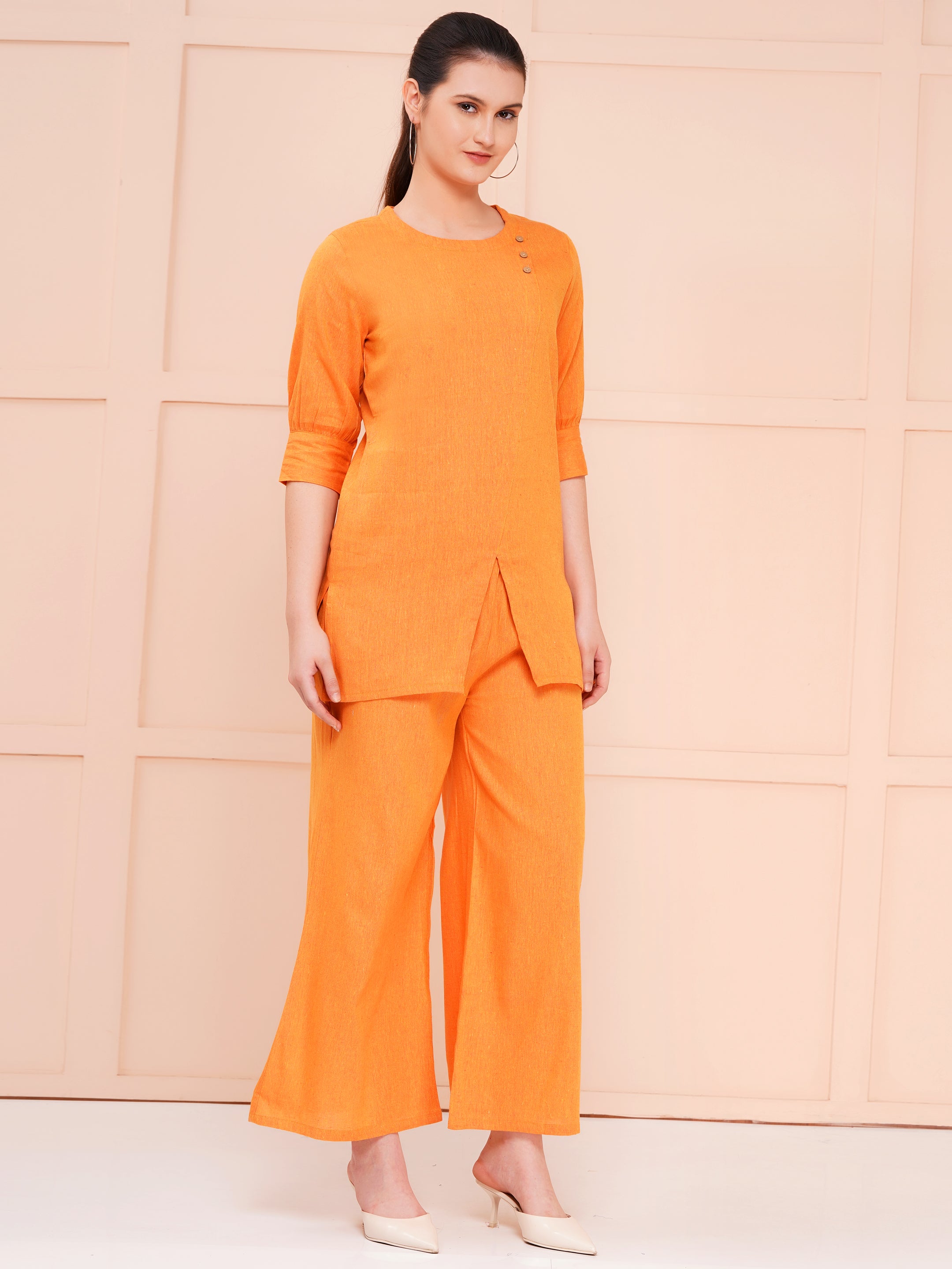 Orange Taper Slim Fit Khadi Co-ord Set For Woman | V-Cut Top & Flared Bottom