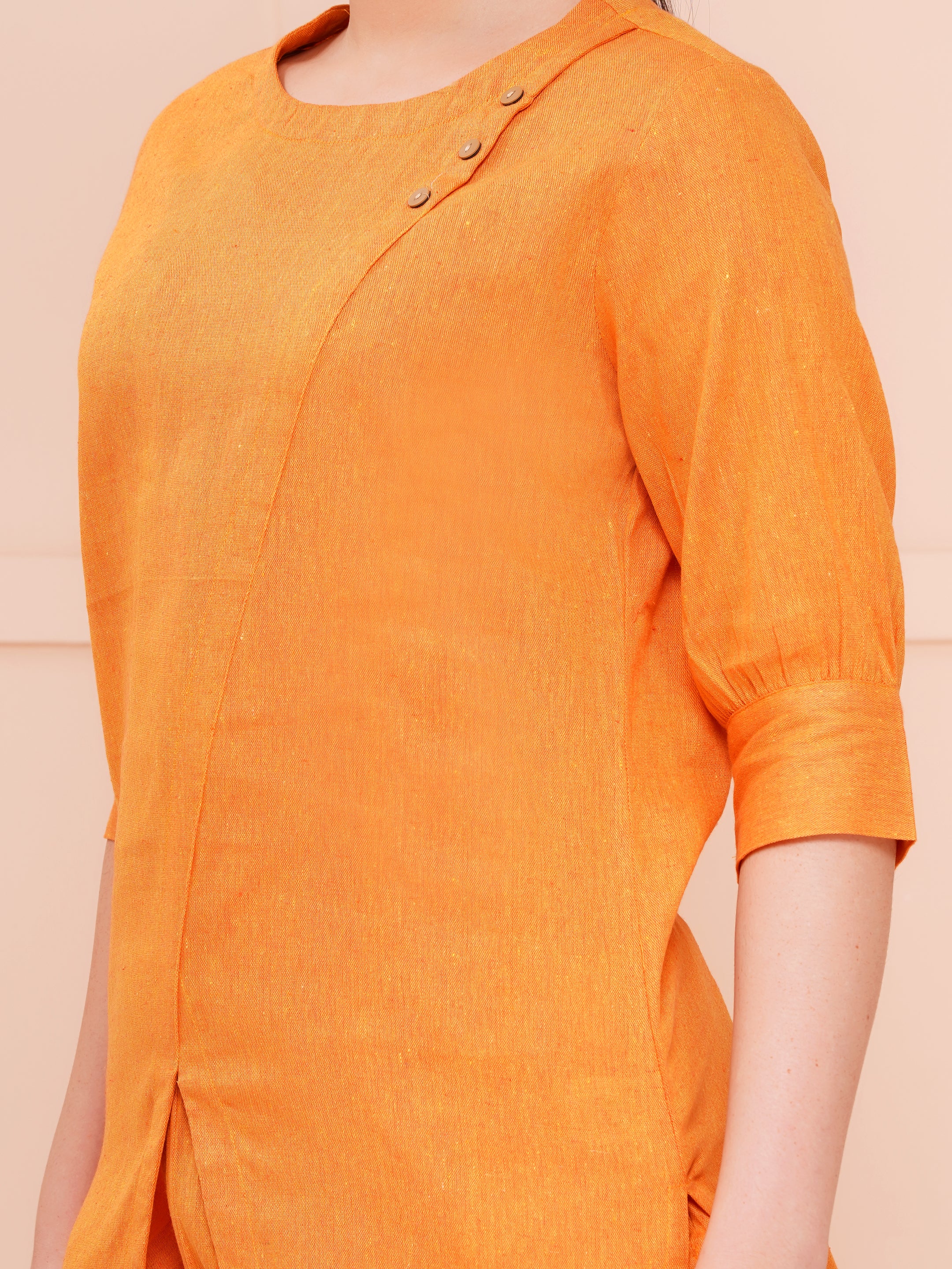 Orange Taper Slim Fit Khadi Co-ord Set For Woman | V-Cut Top & Flared Bottom
