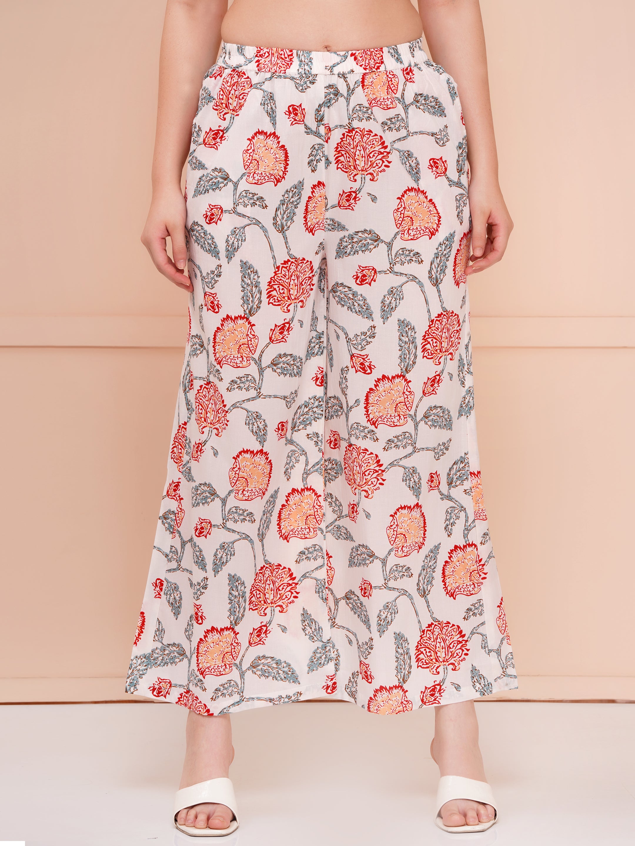 Multicolor Floral Cotton Printed Co-ord Set For Woman | Looped Sleeves Top & Flared Bottom