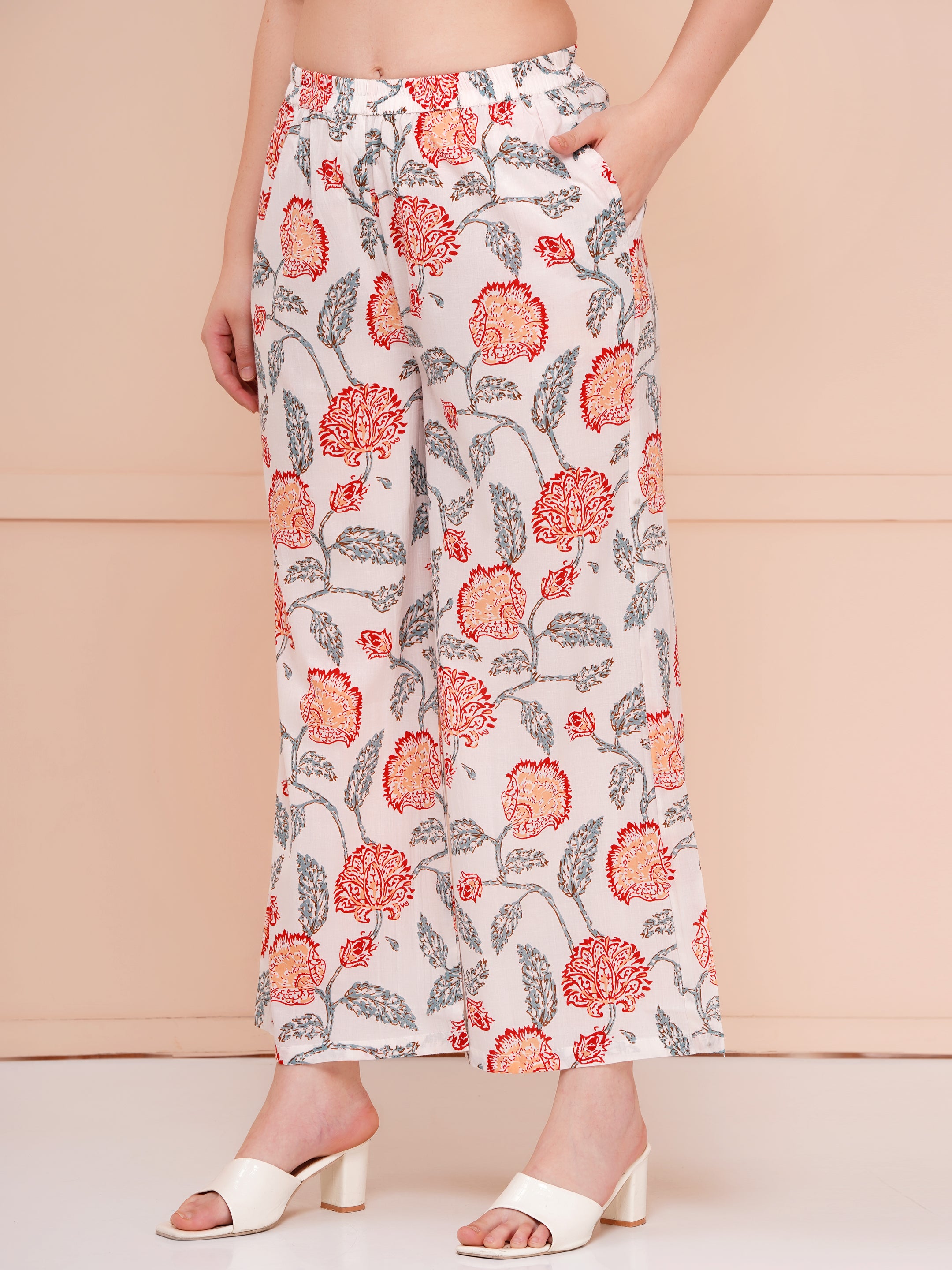 Multicolor Floral Cotton Printed Co-ord Set For Woman | Looped Sleeves Top & Flared Bottom