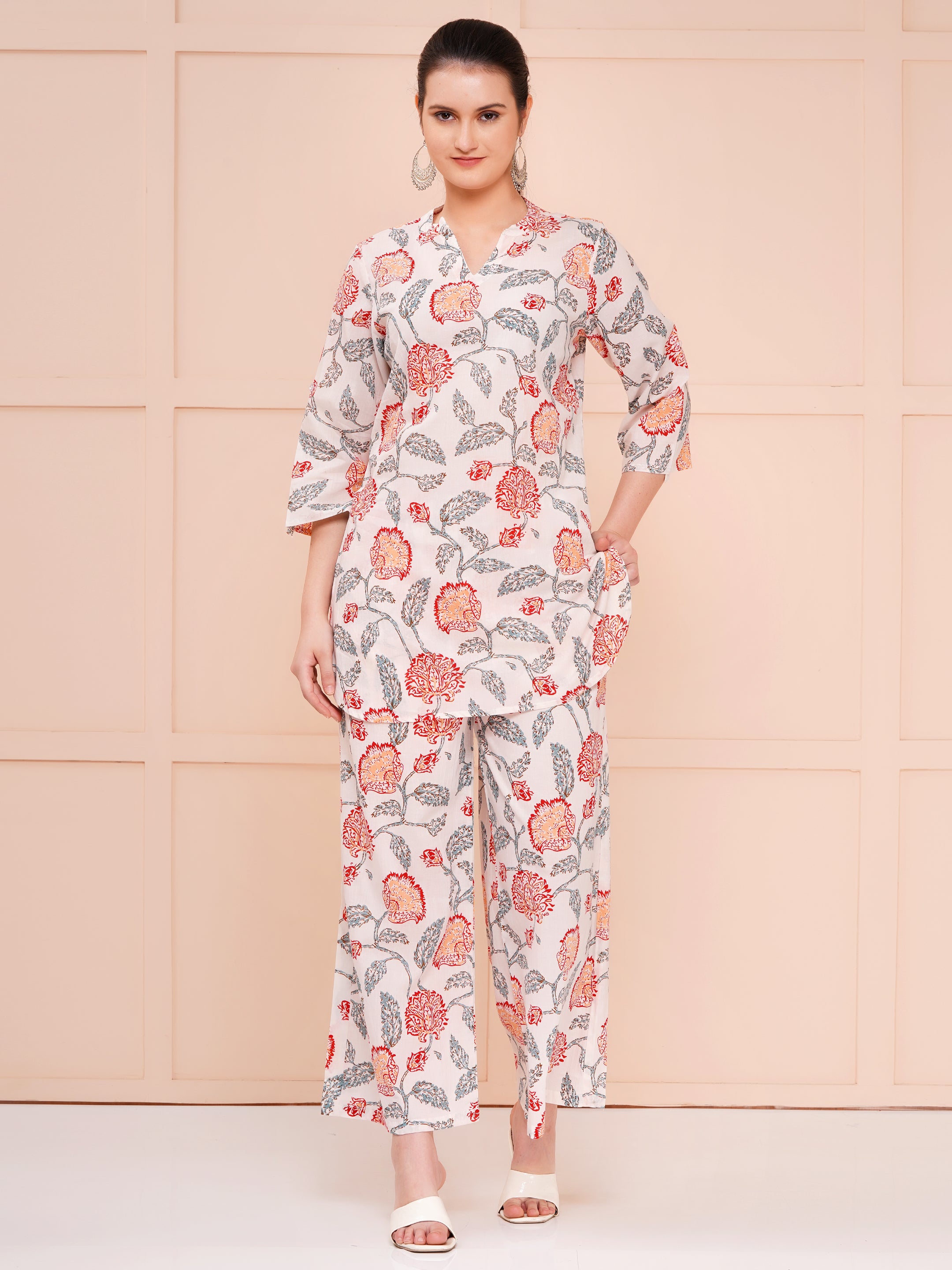 Multicolor Floral Cotton Printed Co-ord Set For Woman | Looped Sleeves Top & Flared Bottom