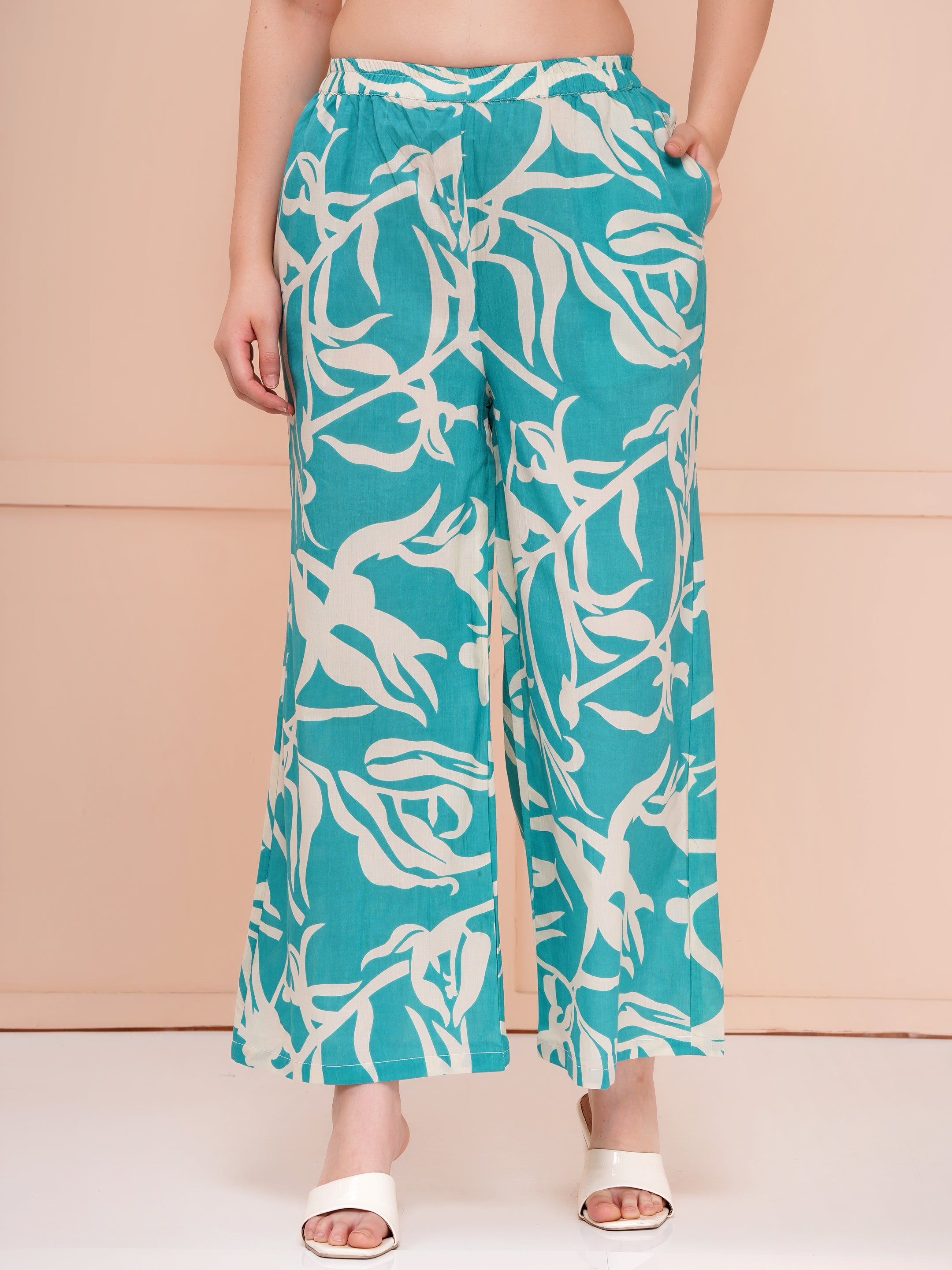 Aqua Blue Leaves Cotton Printed Co-ord Set For Woman | Looped Sleeves Top & Flared Bottom