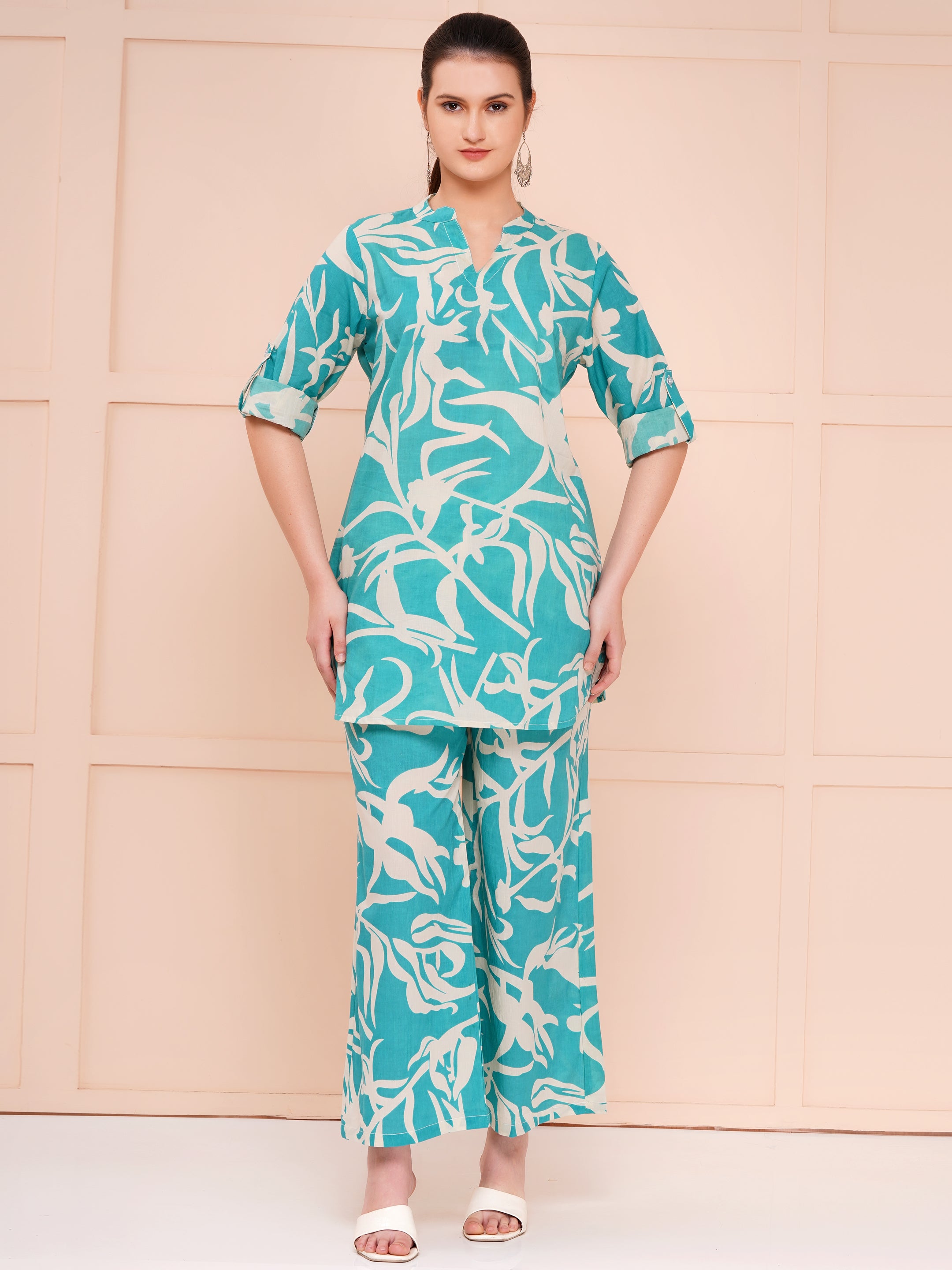 Aqua Blue Leaves Cotton Printed Co-ord Set For Woman | Looped Sleeves Top & Flared Bottom