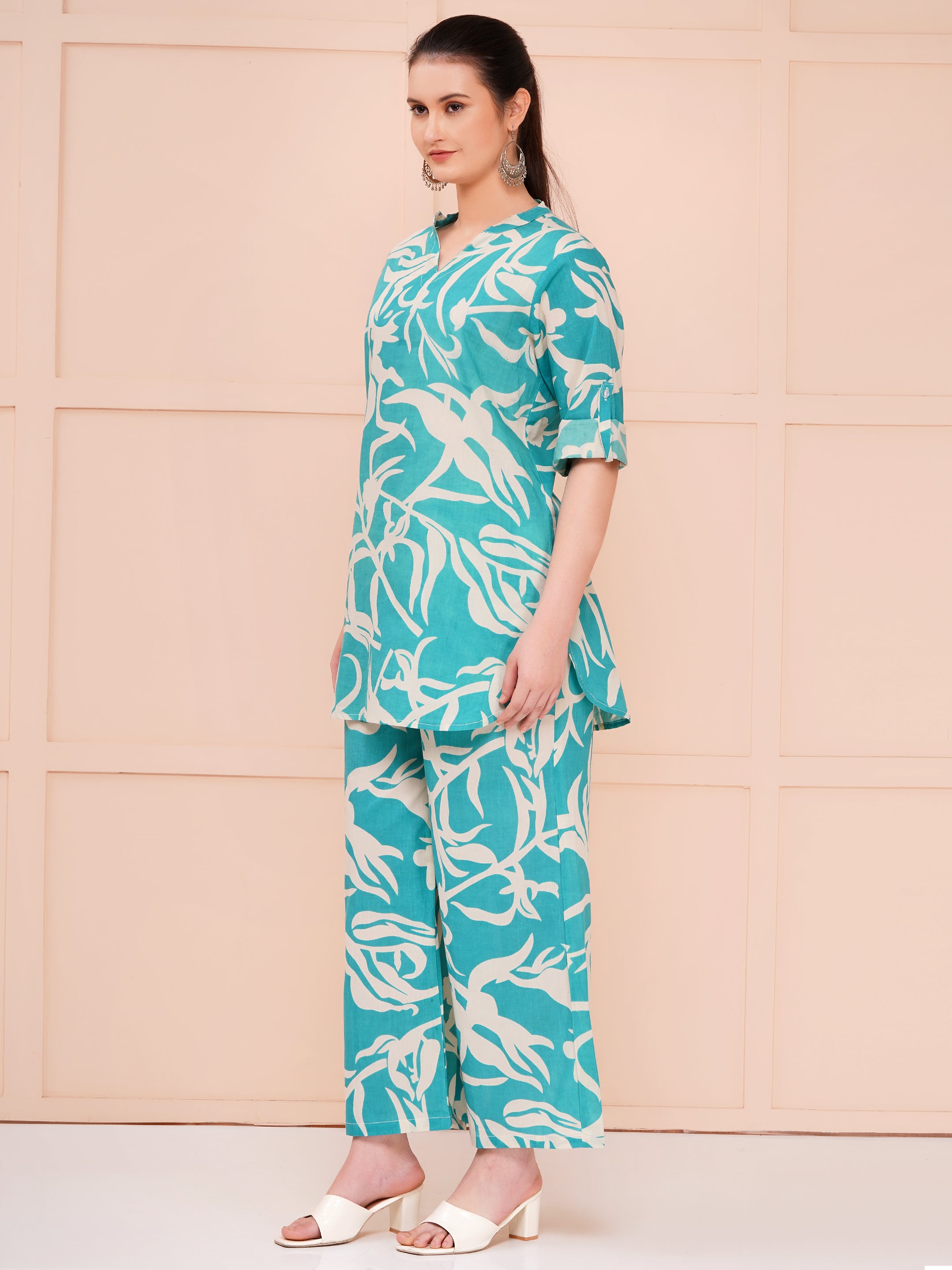 Aqua Blue Leaves Cotton Printed Co-ord Set for woman 1