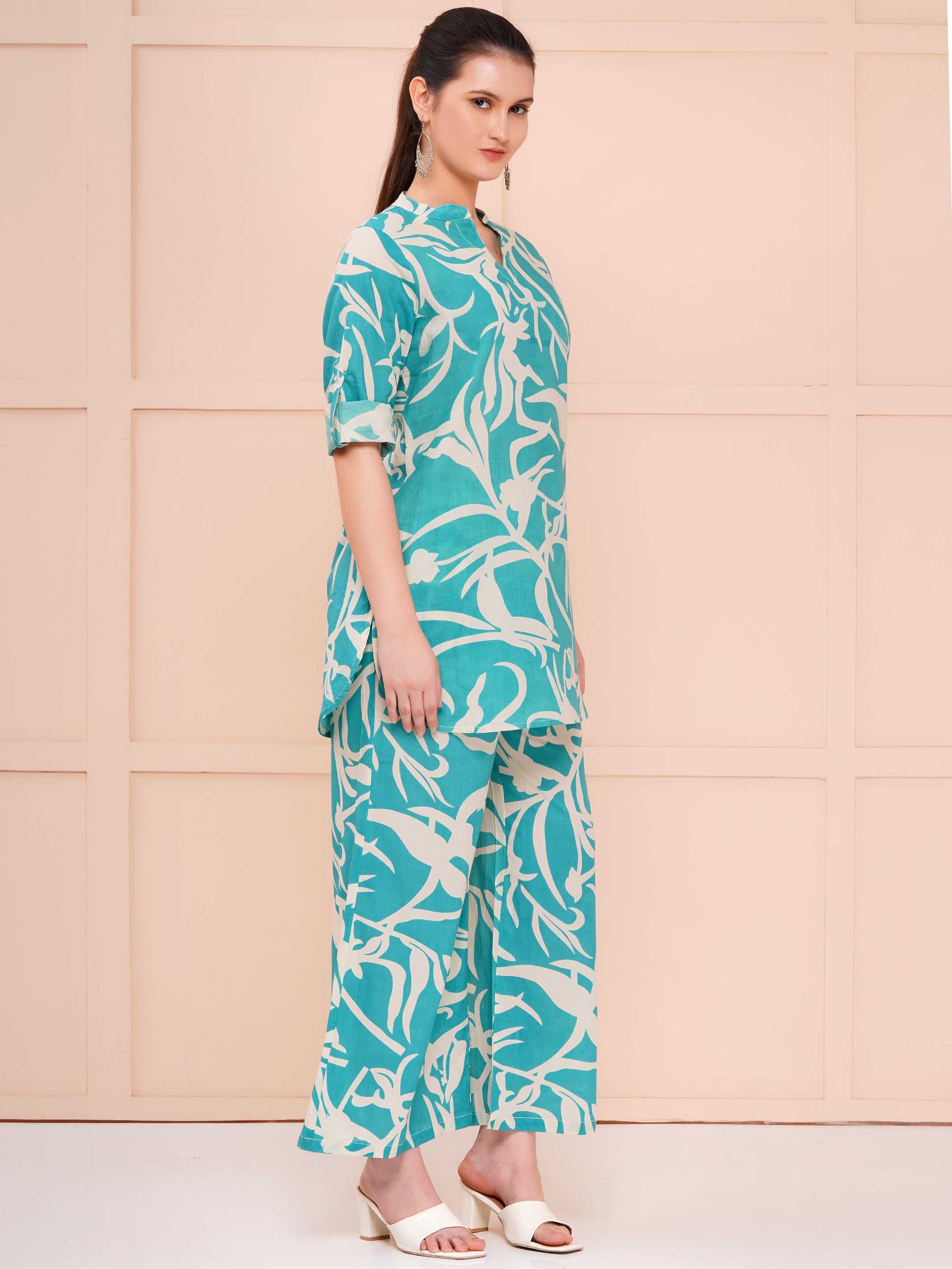 Aqua Blue Leaves Cotton Printed Co-ord Set For Woman | Looped Sleeves Top & Flared Bottom