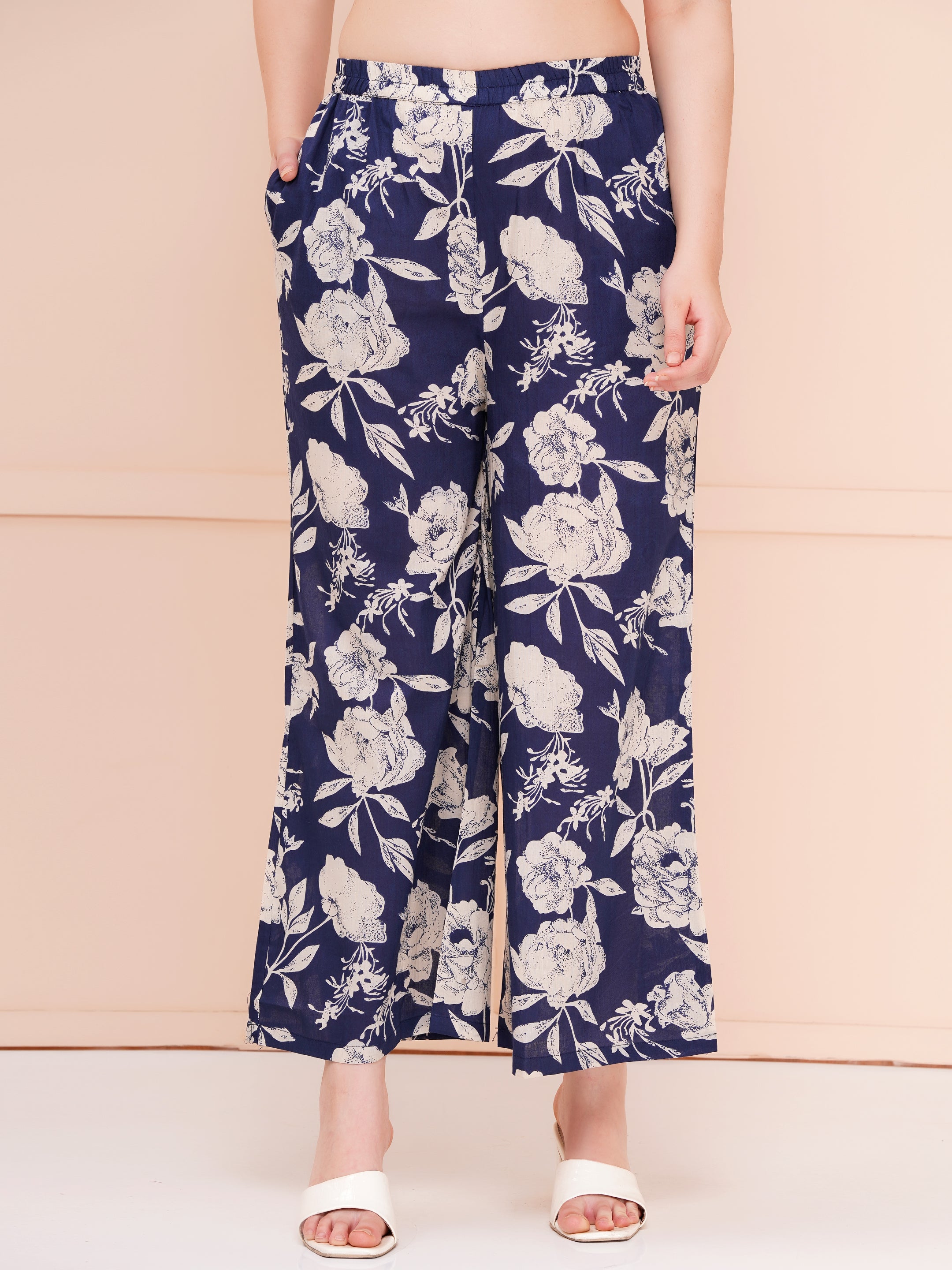 Indigo Pam Cotton Printed Co-ord Set For Woman | Looped Sleeves Top & Flared Bottom