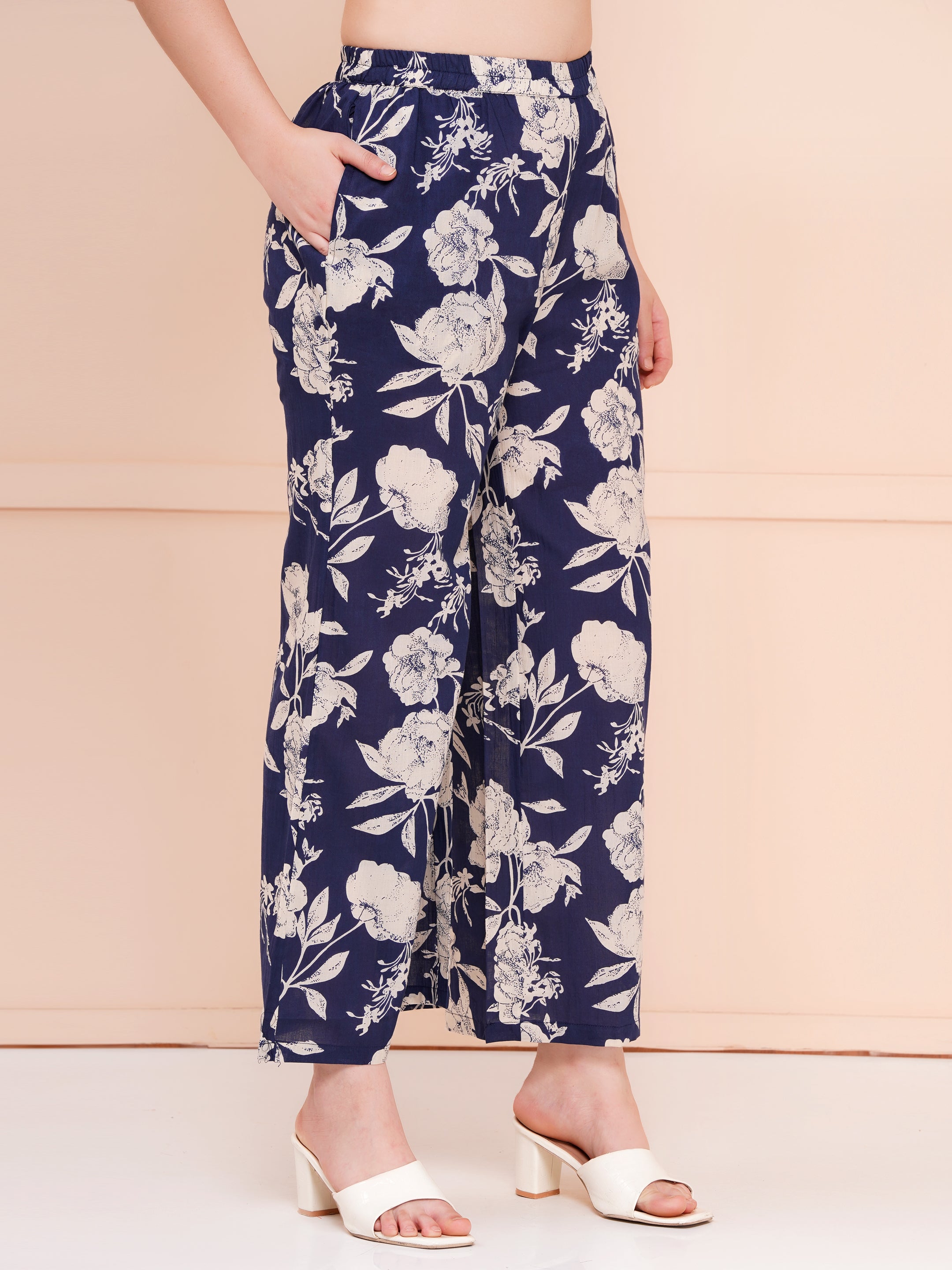 Indigo Pam Cotton Printed Co-ord Set For Woman | Looped Sleeves Top & Flared Bottom