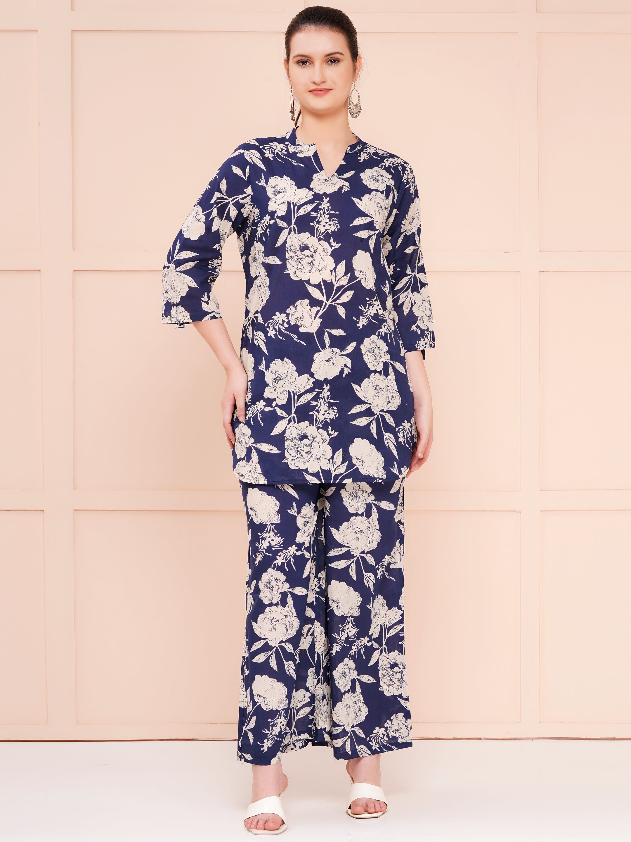 Indigo Pam Cotton Printed Co-ord Set For Woman | Looped Sleeves Top & Flared Bottom