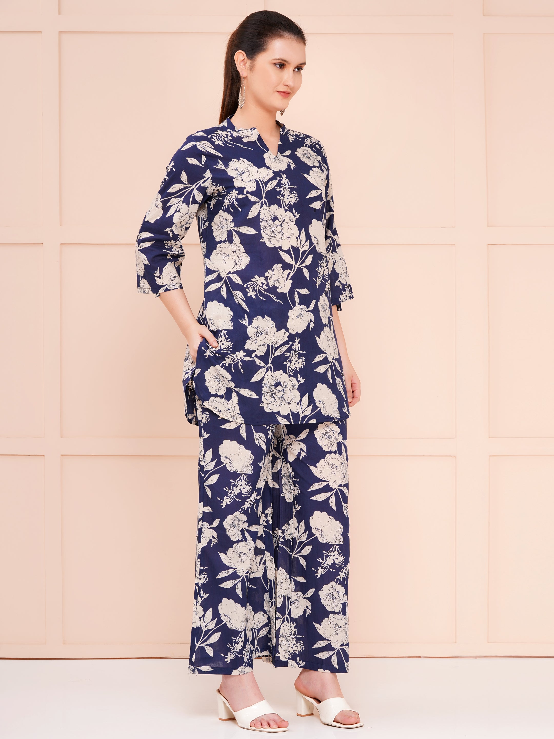 Indigo Pam Cotton Printed Co-ord Set For Woman | Looped Sleeves Top & Flared Bottom