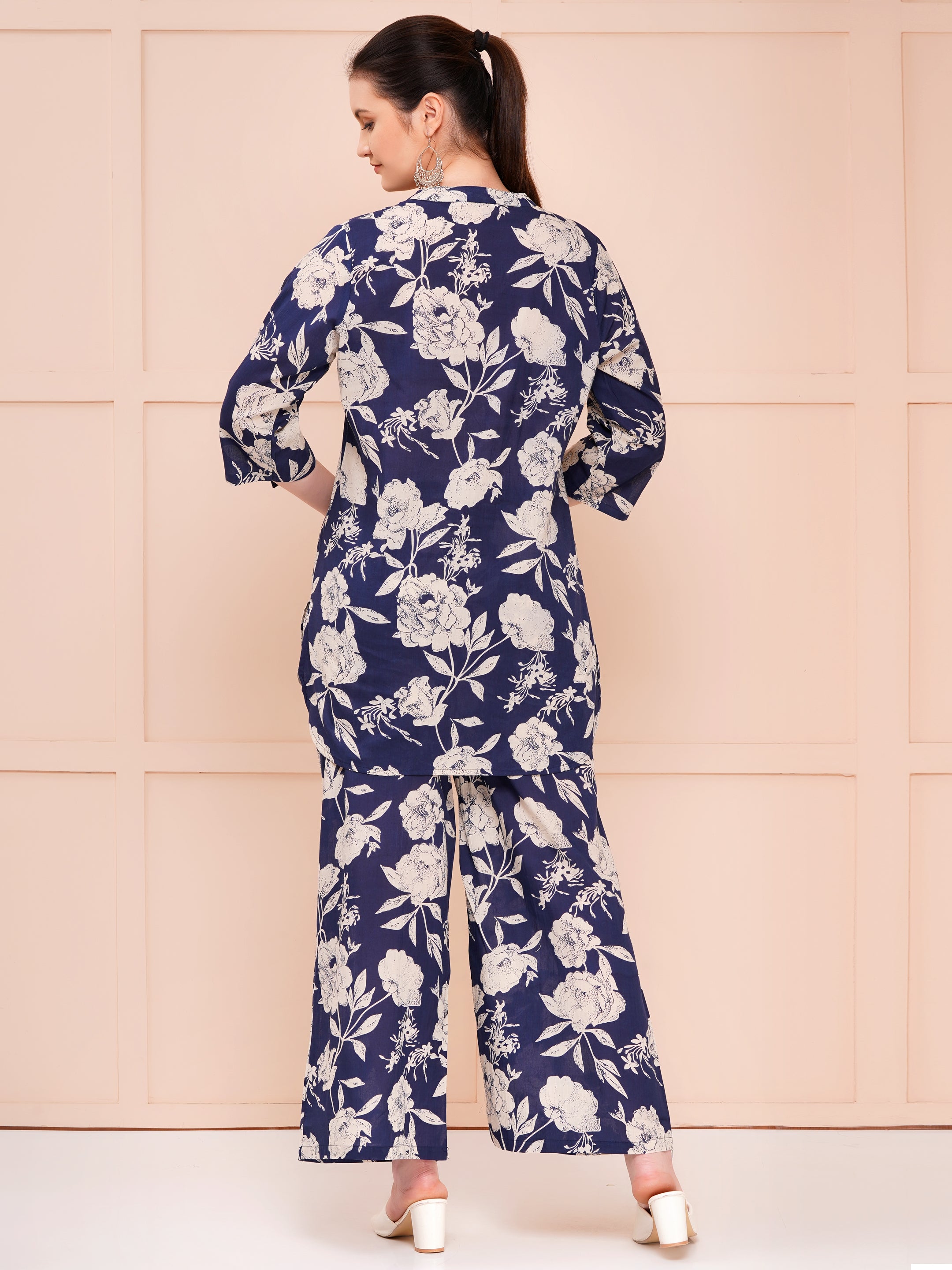 Indigo Pam Cotton Printed Co-ord Set For Woman | Looped Sleeves Top & Flared Bottom