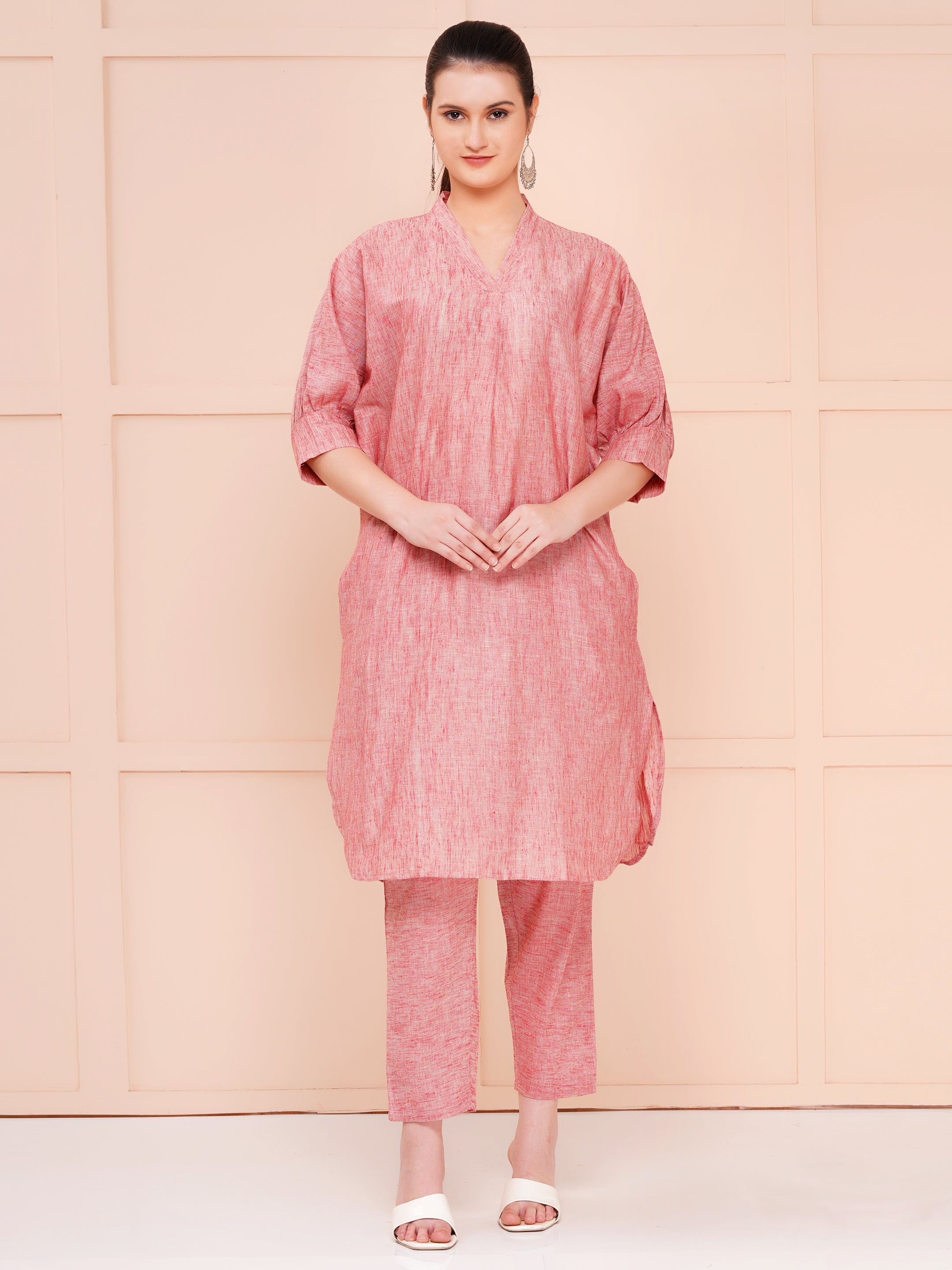 Light Coral Yarn Dyed Over Size Co-ord Set For Woman| Long Kurta with Narrow Hem Pant