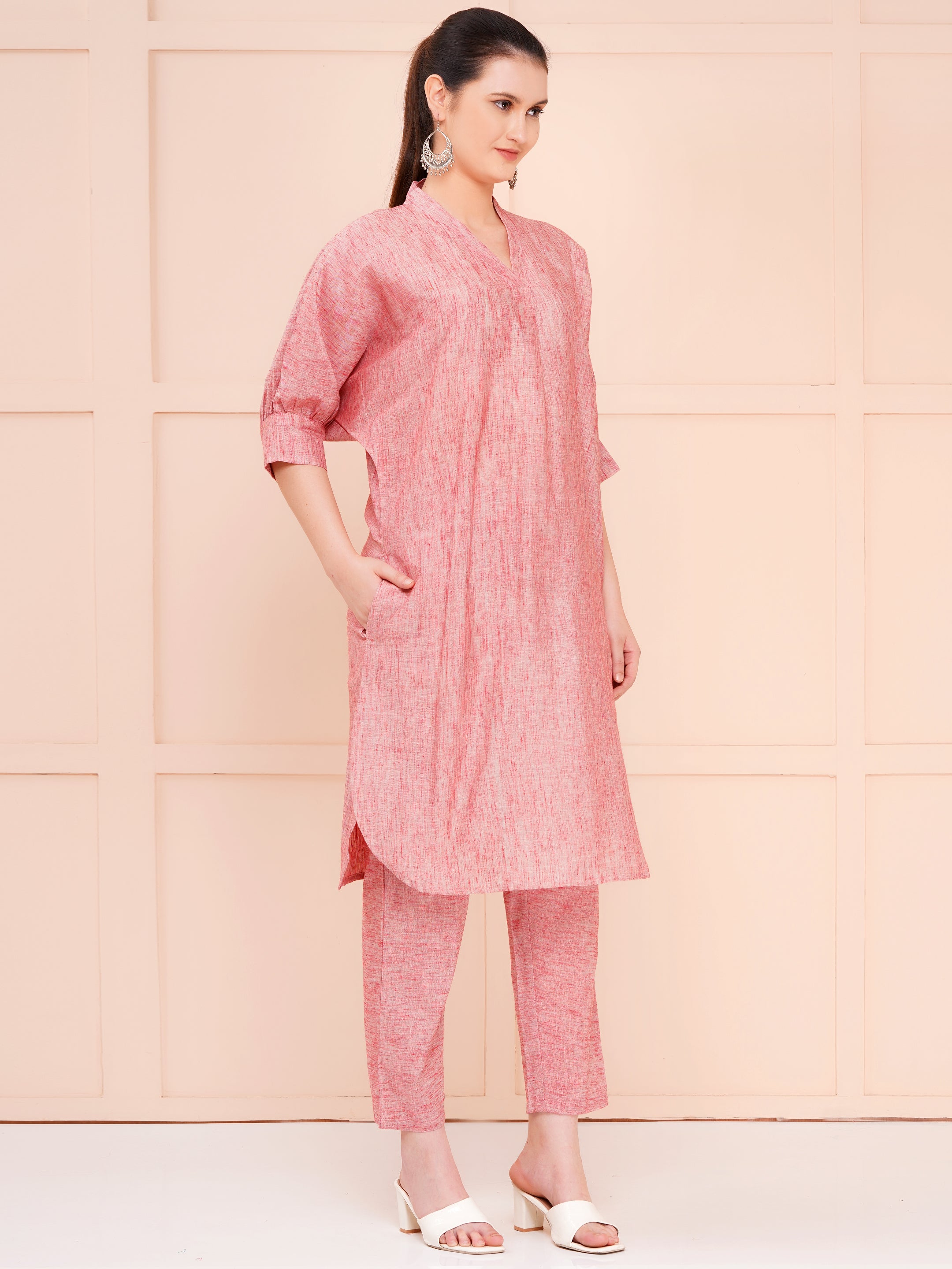 Light Coral Yarn Dyed Over Size Co-ord Set For Woman| Long Kurta with Narrow Hem Pant