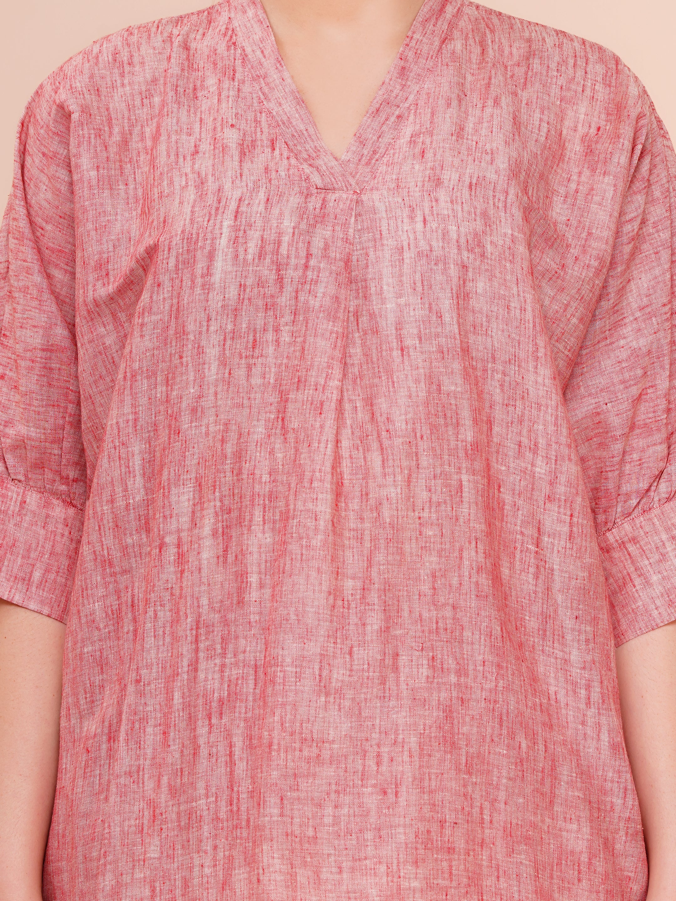 Light Coral Yarn Dyed Over Size Co-ord Set For Woman| Long Kurta with Narrow Hem Pant